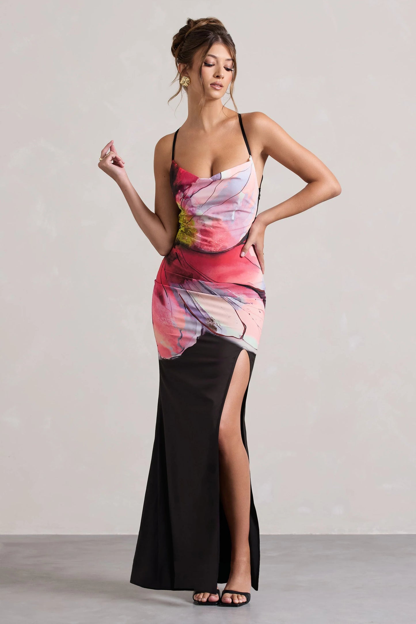 Kali Black Floral Print Cowl-Neck Open-Back Split Maxi Dress