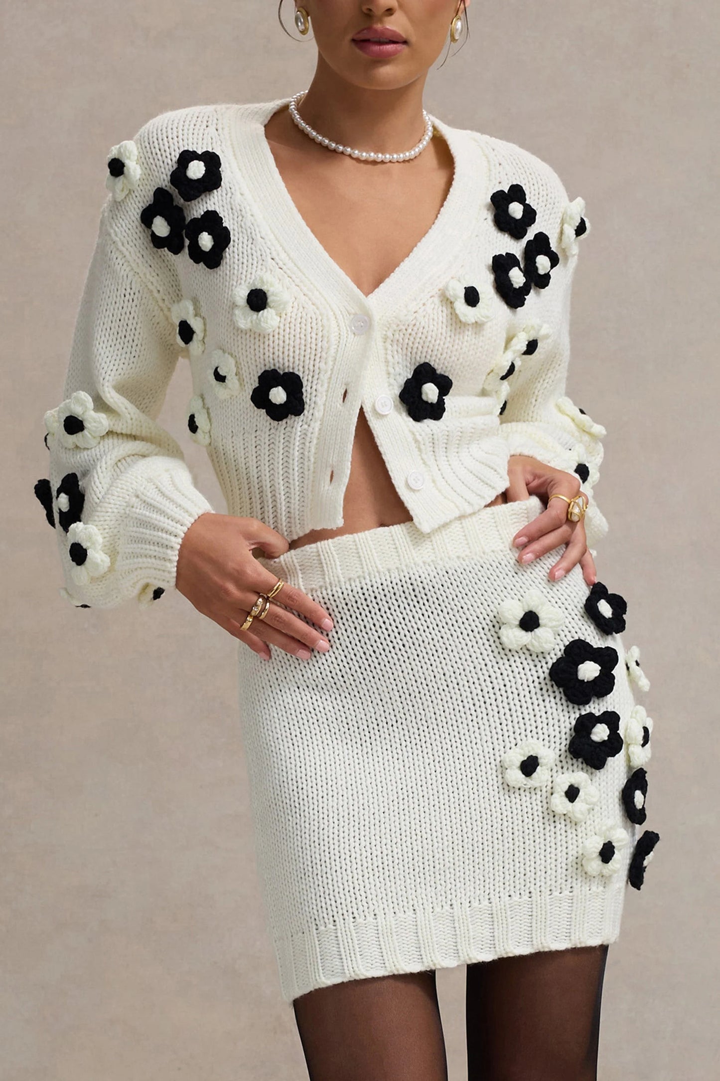 Louvre Cream & Black Knit Cropped Floral Cardigan