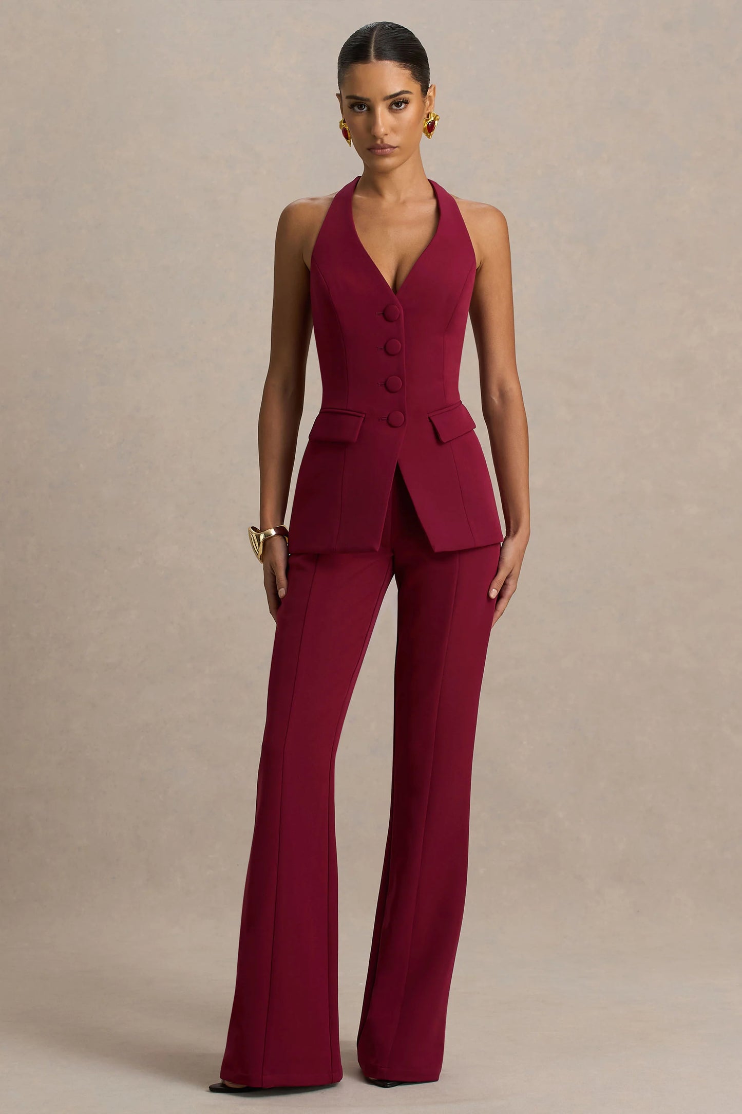 Carina Burgundy Flared-Leg Tailored Trousers