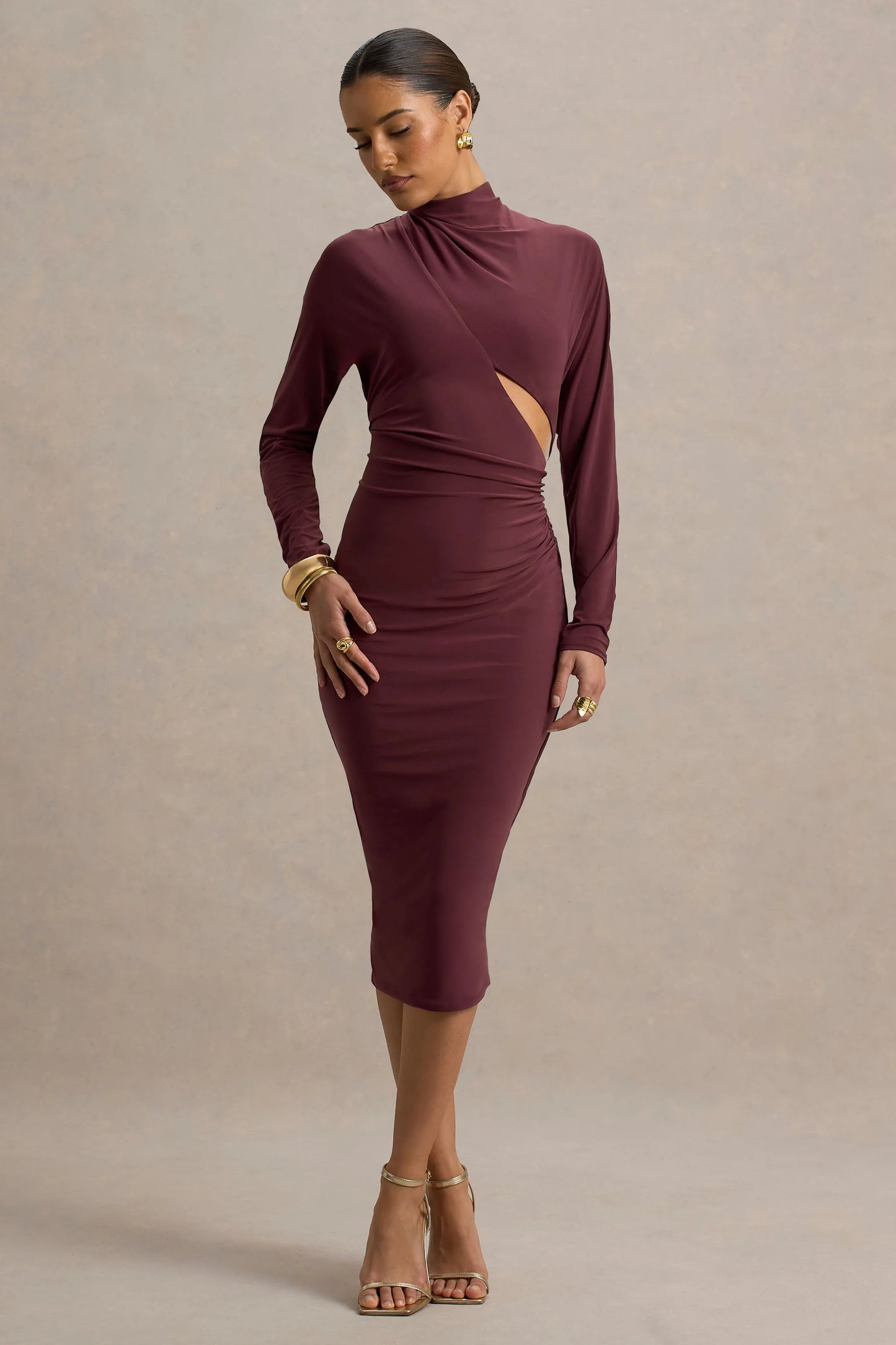 Pandora Burgundy Long-Sleeve Midi Dress With Cut-Out