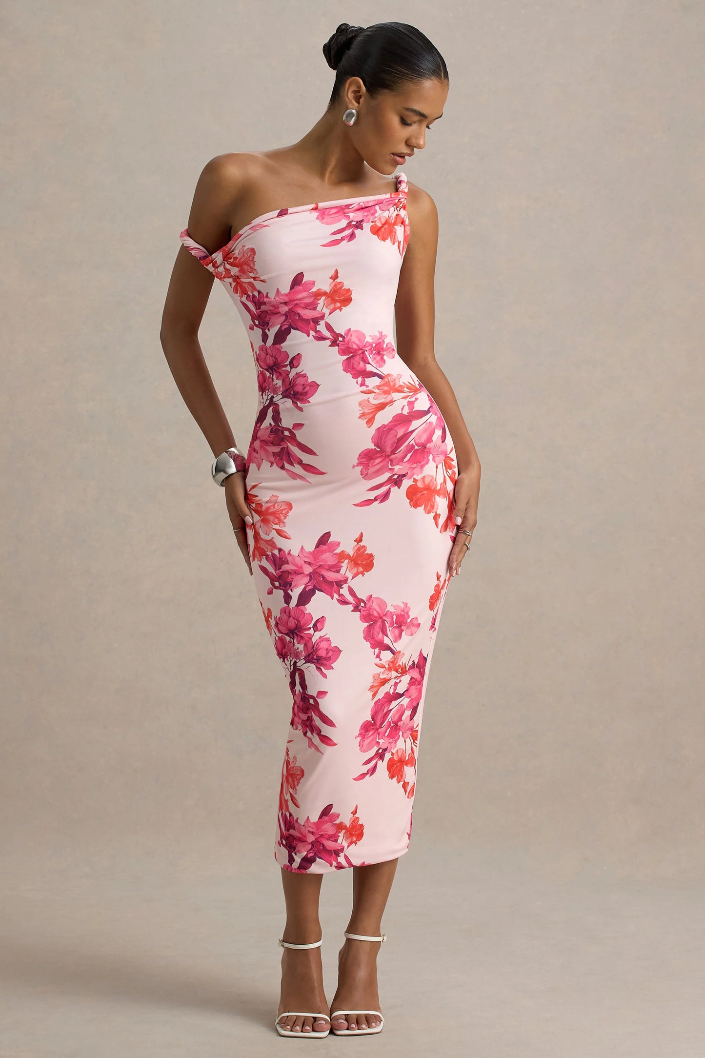 Tatian Pink and Orange Floral Print Twisted Asymmetric Midi Dress