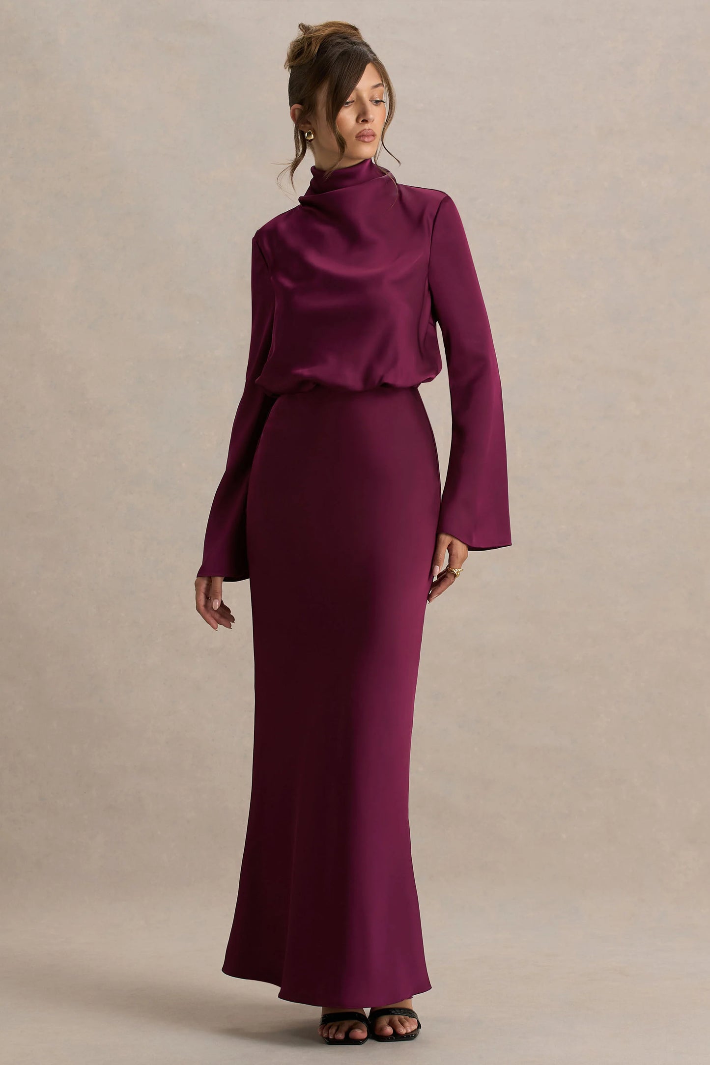 Celina Burgundy Satin High-Neck Maxi Dress