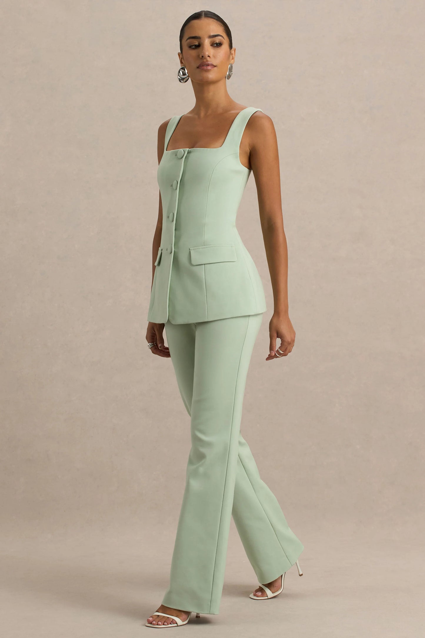 Aceline Light Green Square-Neck Tailored Jumpsuit