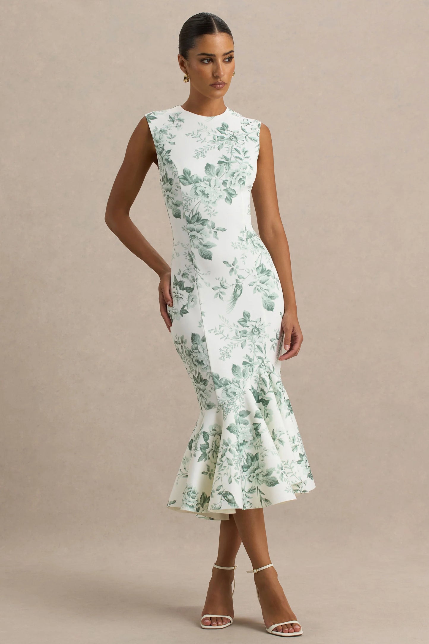 Priceless Green Porcelain Print Print High-Neck Fishtail Midi Dress