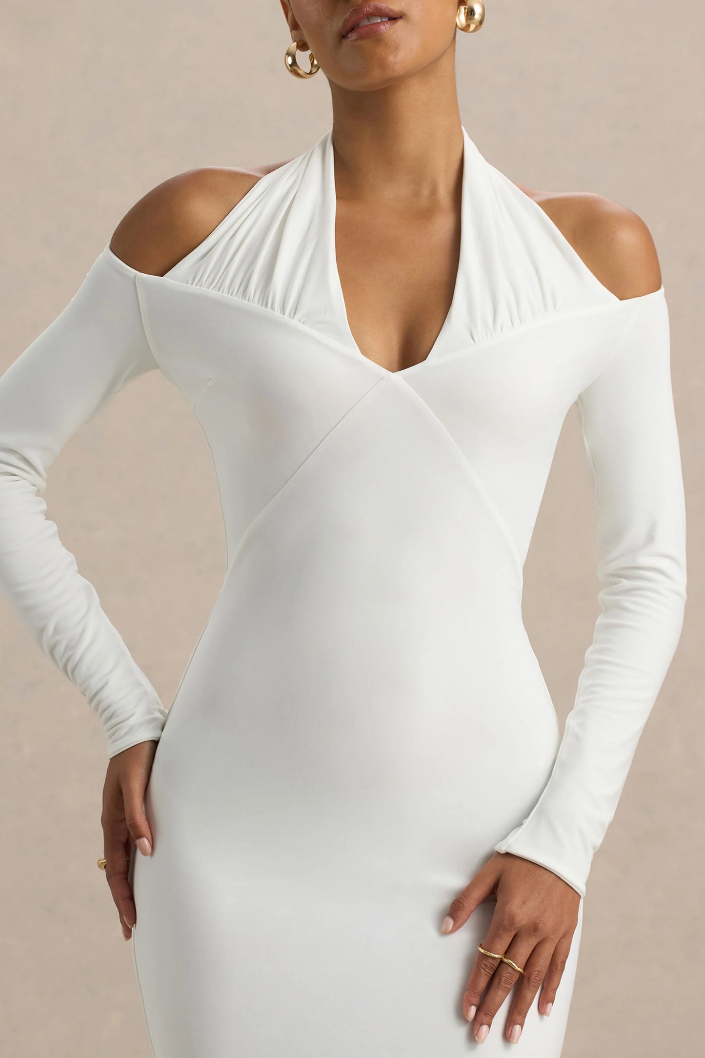 Living High White Halter-Neck Maxi Dress With Long Sleeves