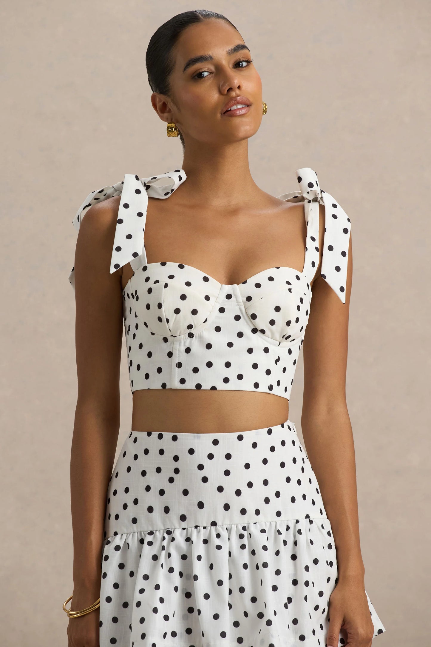 Lumen White Polka Dot Corset Sweetheart Top With Bow Straps