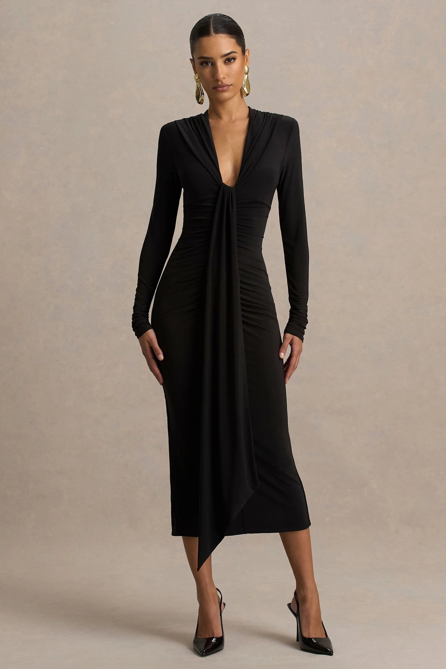 Ivara Black Plunge-Neck Midi Dress With Ruched Detailing And Sash