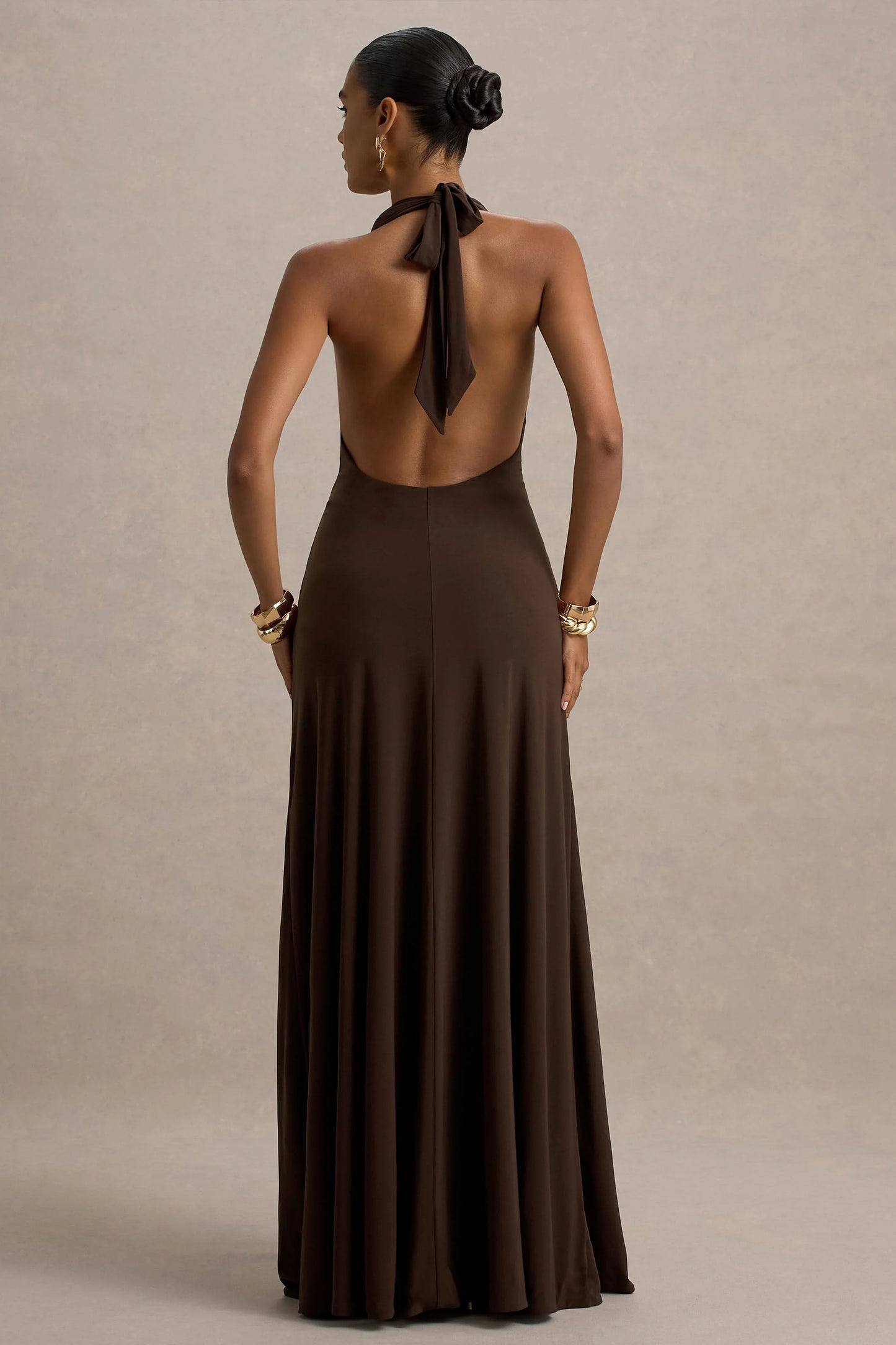 Mist Brown Plunge-Neck Maxi Dress With Knot-Detail And Open-Back