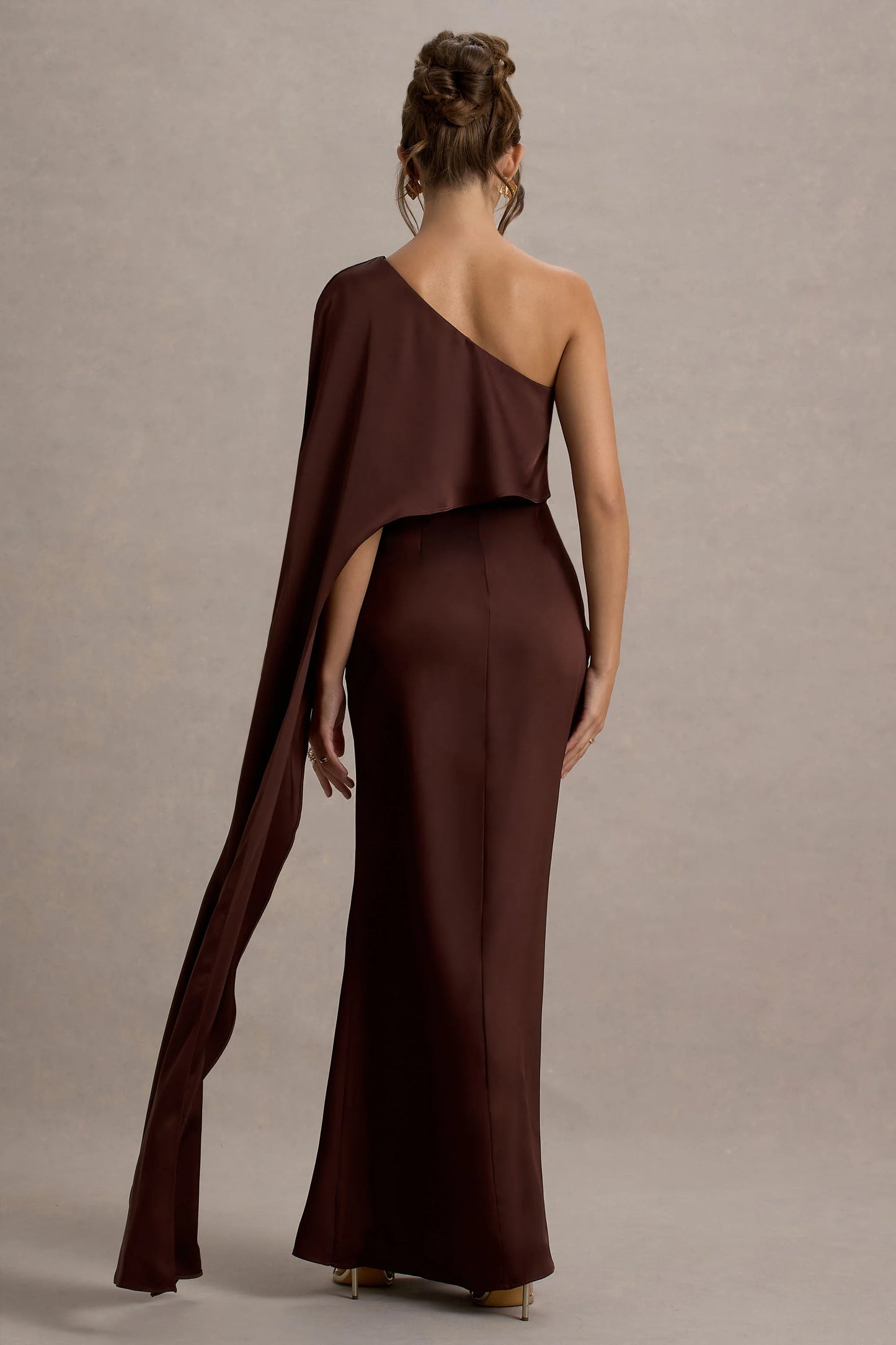 Amora Brown Satin Asymmetric Cape-Sleeve Split Maxi Dress