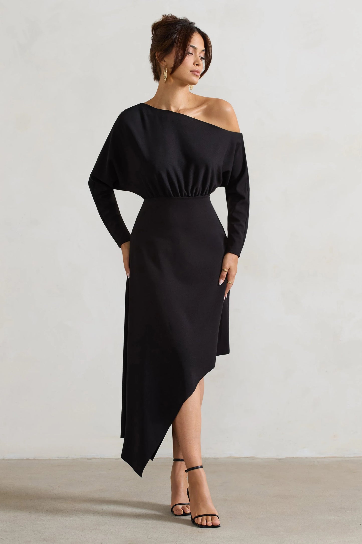 Lori Black Asymmetric Long-Sleeve Maxi Dress