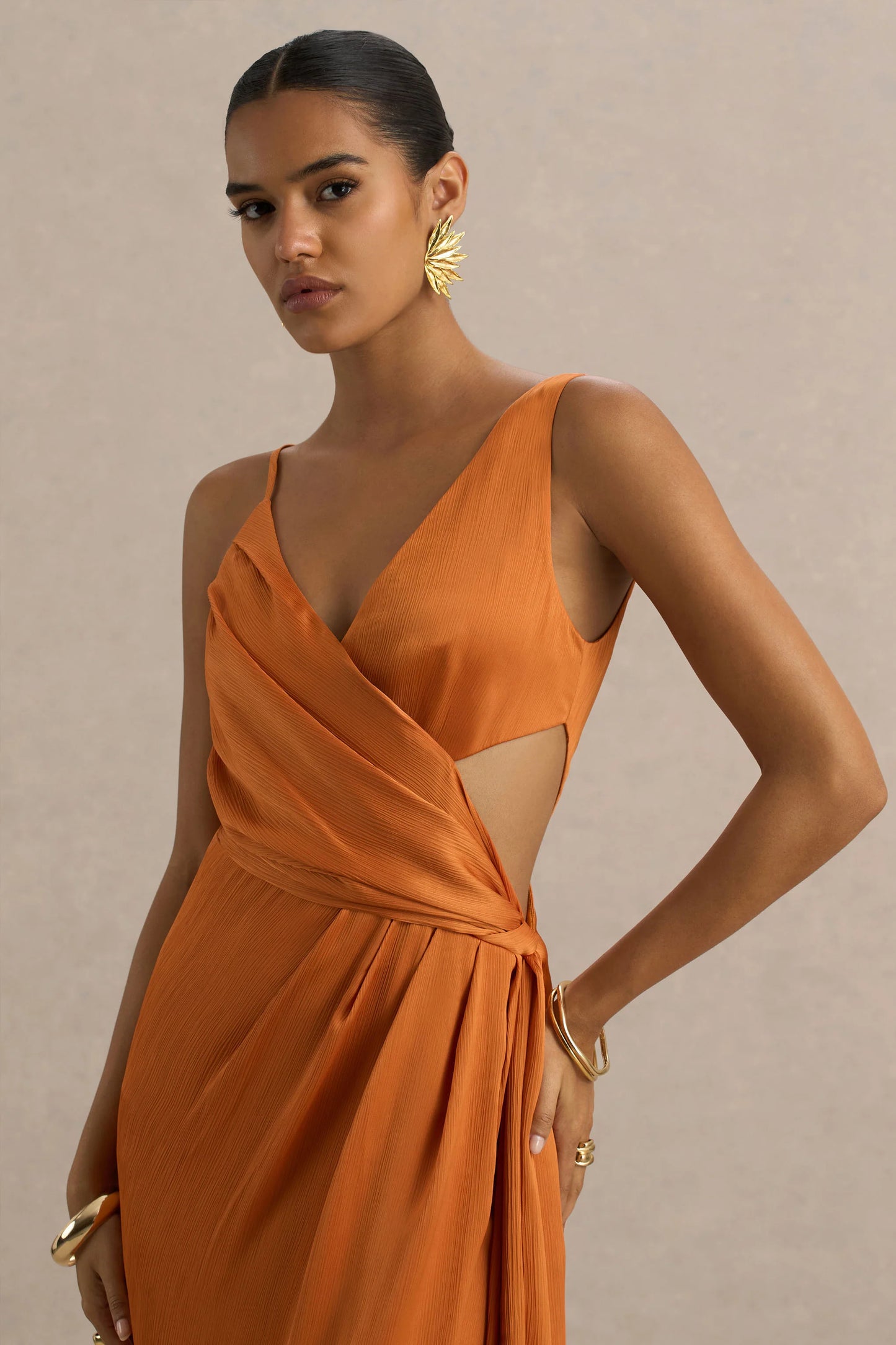 Livia Orange Plunge-Neck Fishtail Maxi Dress