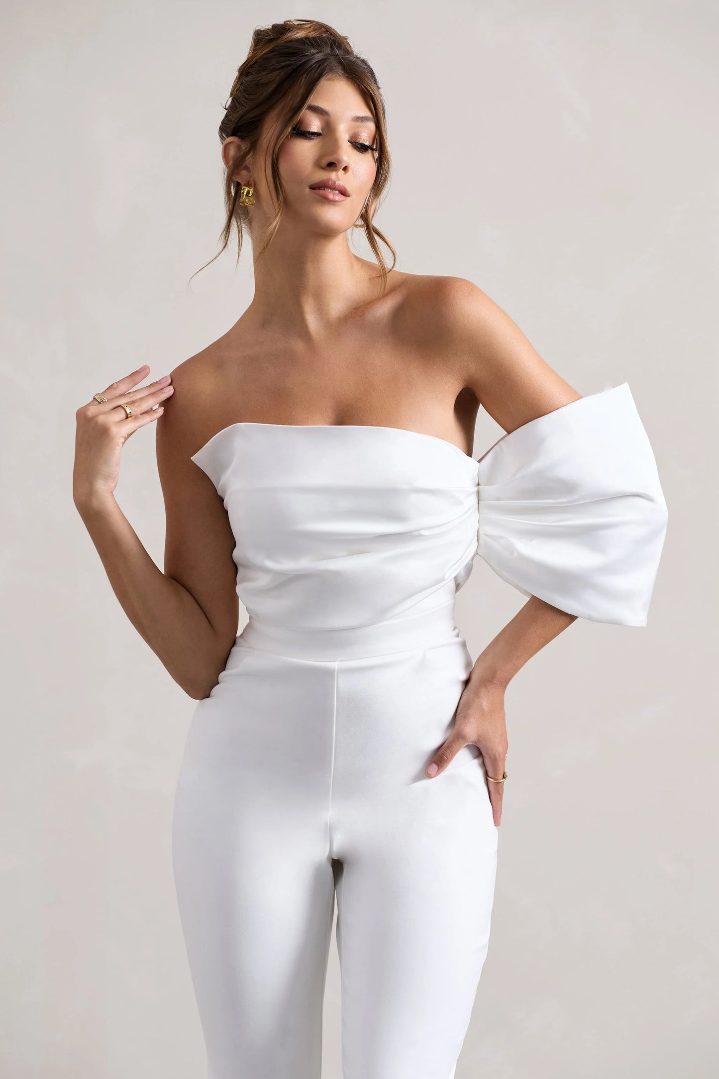 Adabella White Satin Strapless One-Sleeve Straight-Leg Jumpsuit