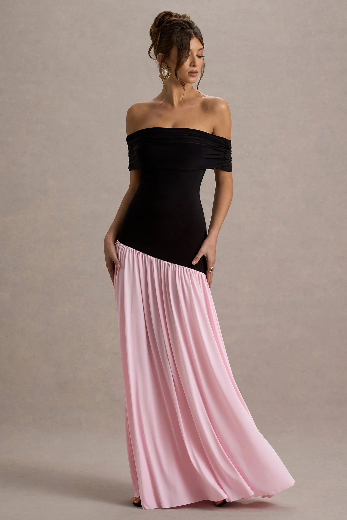 Venezia Black & Pink Bardot Maxi Dress With Drop-Waist