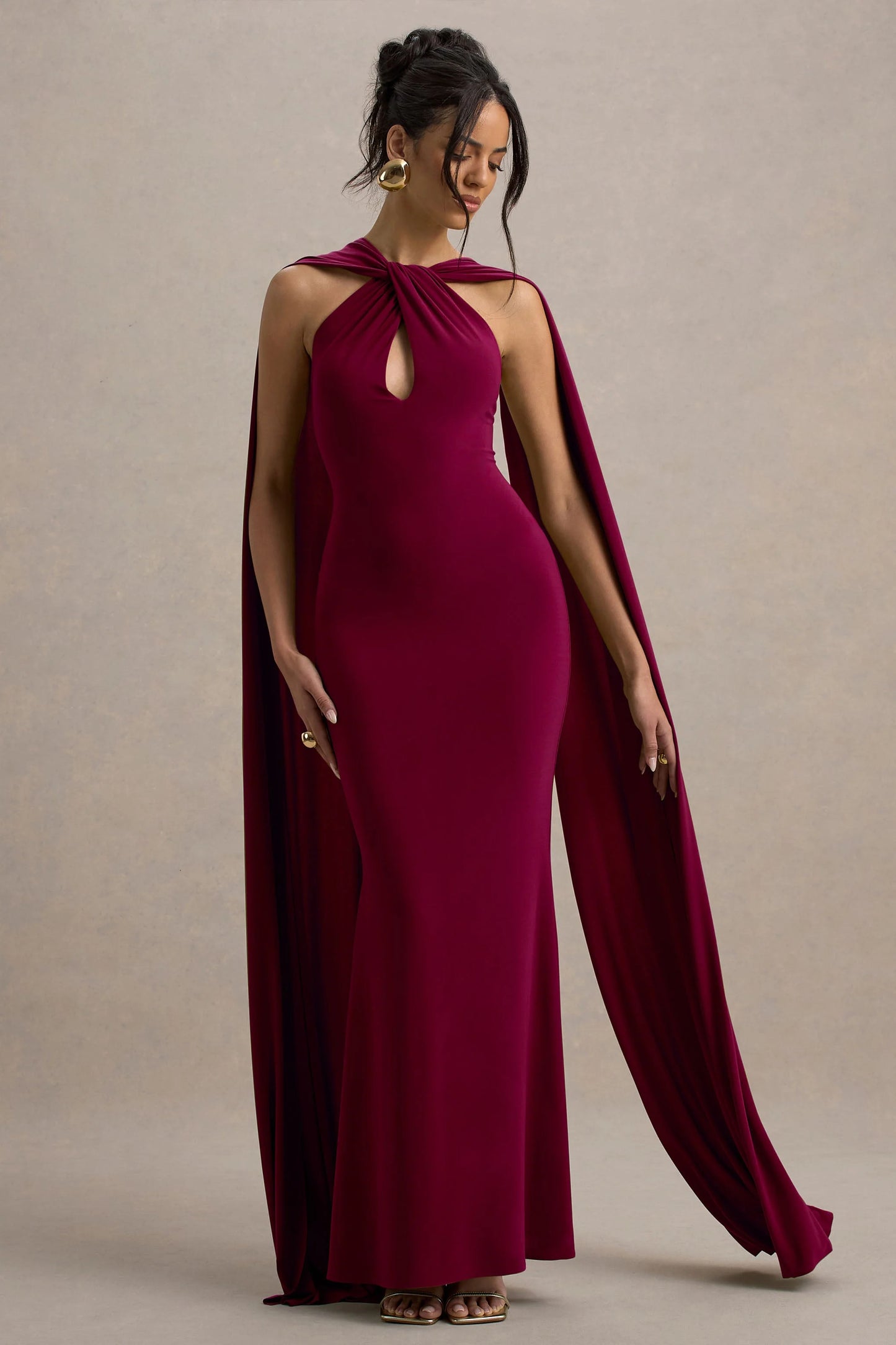 Rhoda Burgundy Twist Halter-Neck Cape Maxi Dress