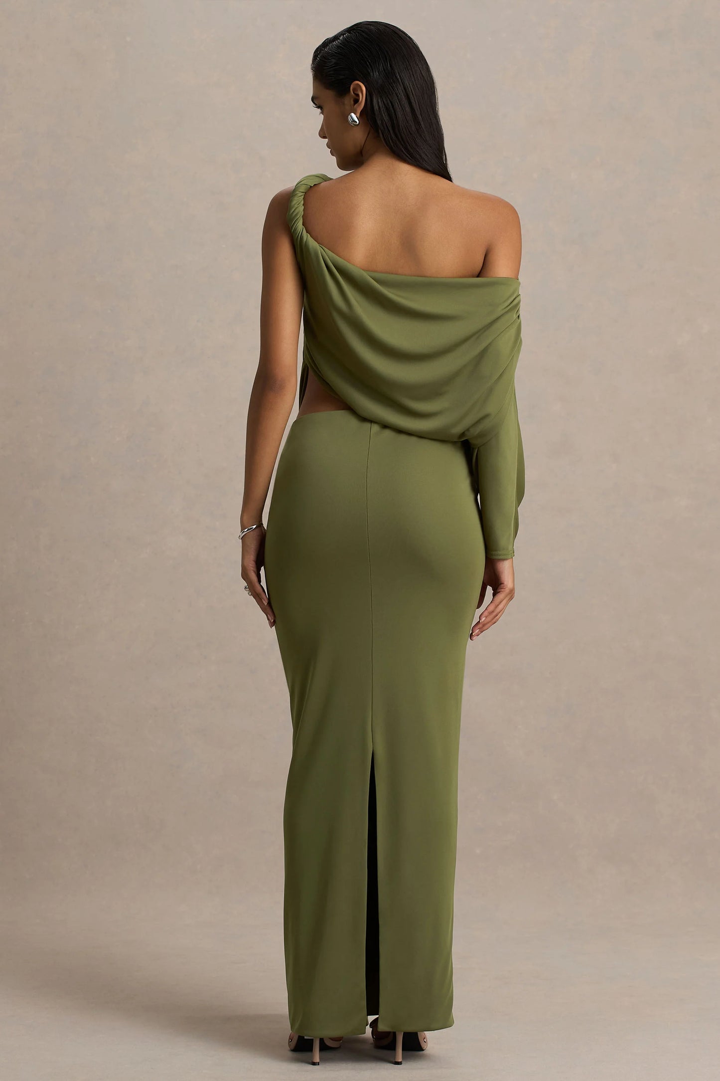 Layla Olive Asymmetric-Neck Wrap Maxi Dress With Body Cut-Out And Ruched Detailing
