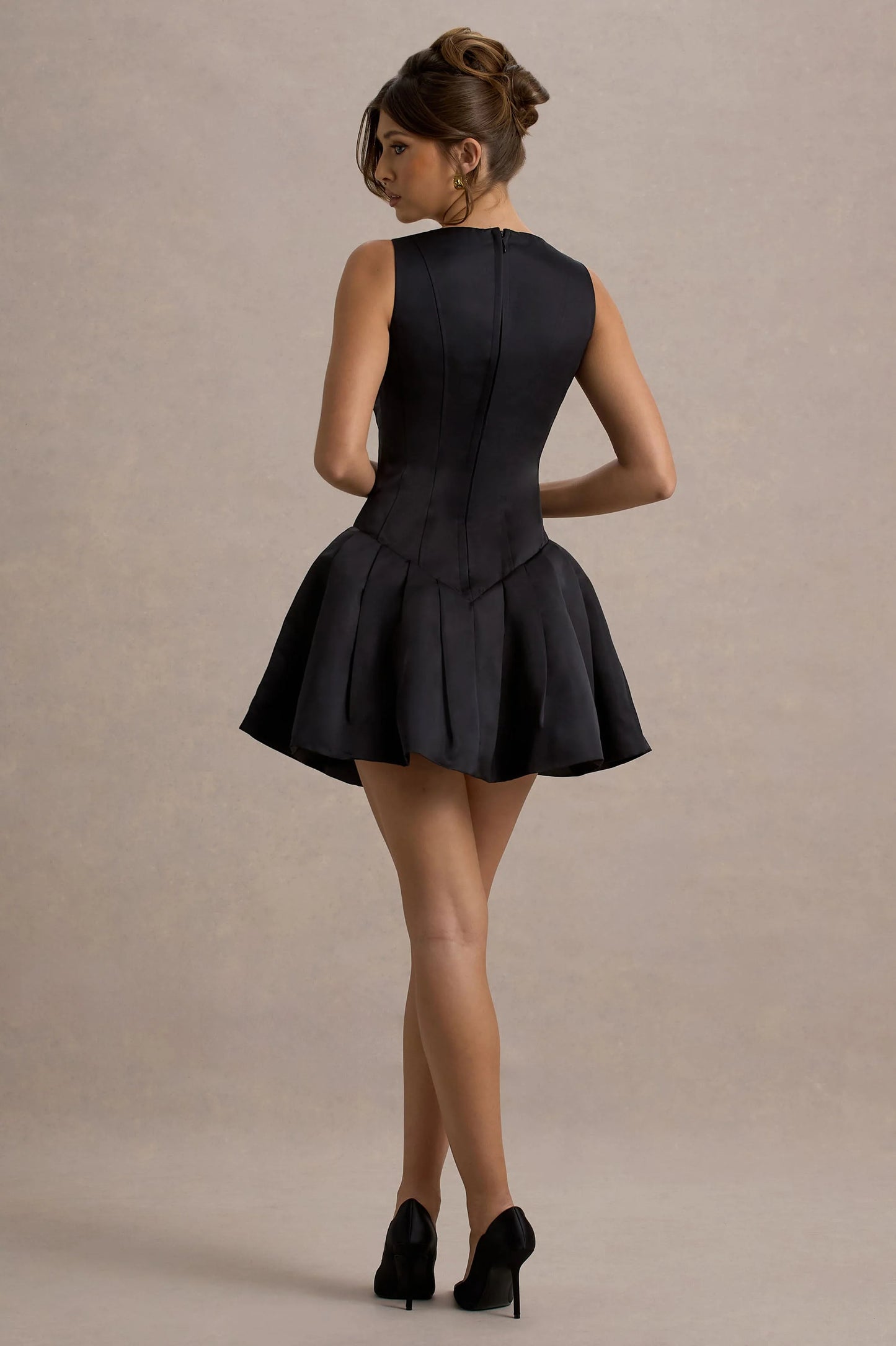 Bramble Black Satin Square-Neck Puffball Mini Dress