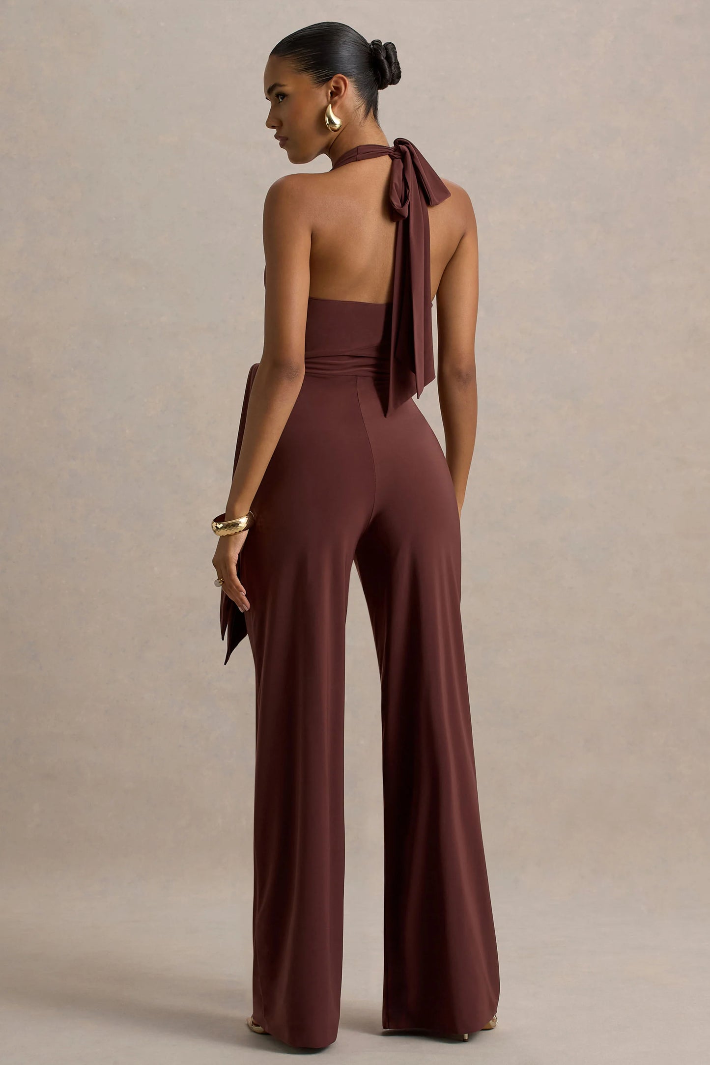 Marlais Chocolate Plunge-Neck Jumpsuit With Tie-Waist