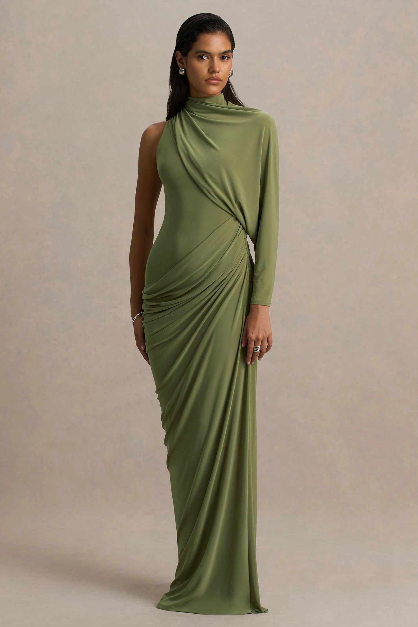 Aphra Green High-Neck Maxi Dress With Cape-Sleeve