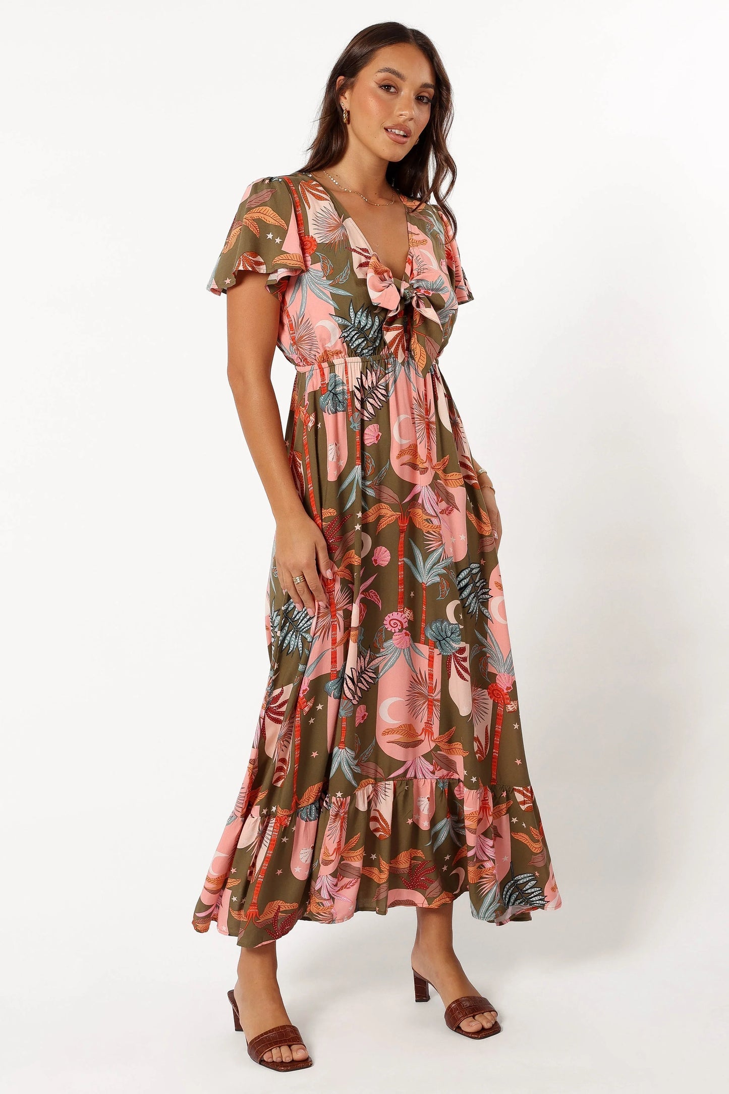 Everly Short Sleeve Maxi Dress - Olive Print