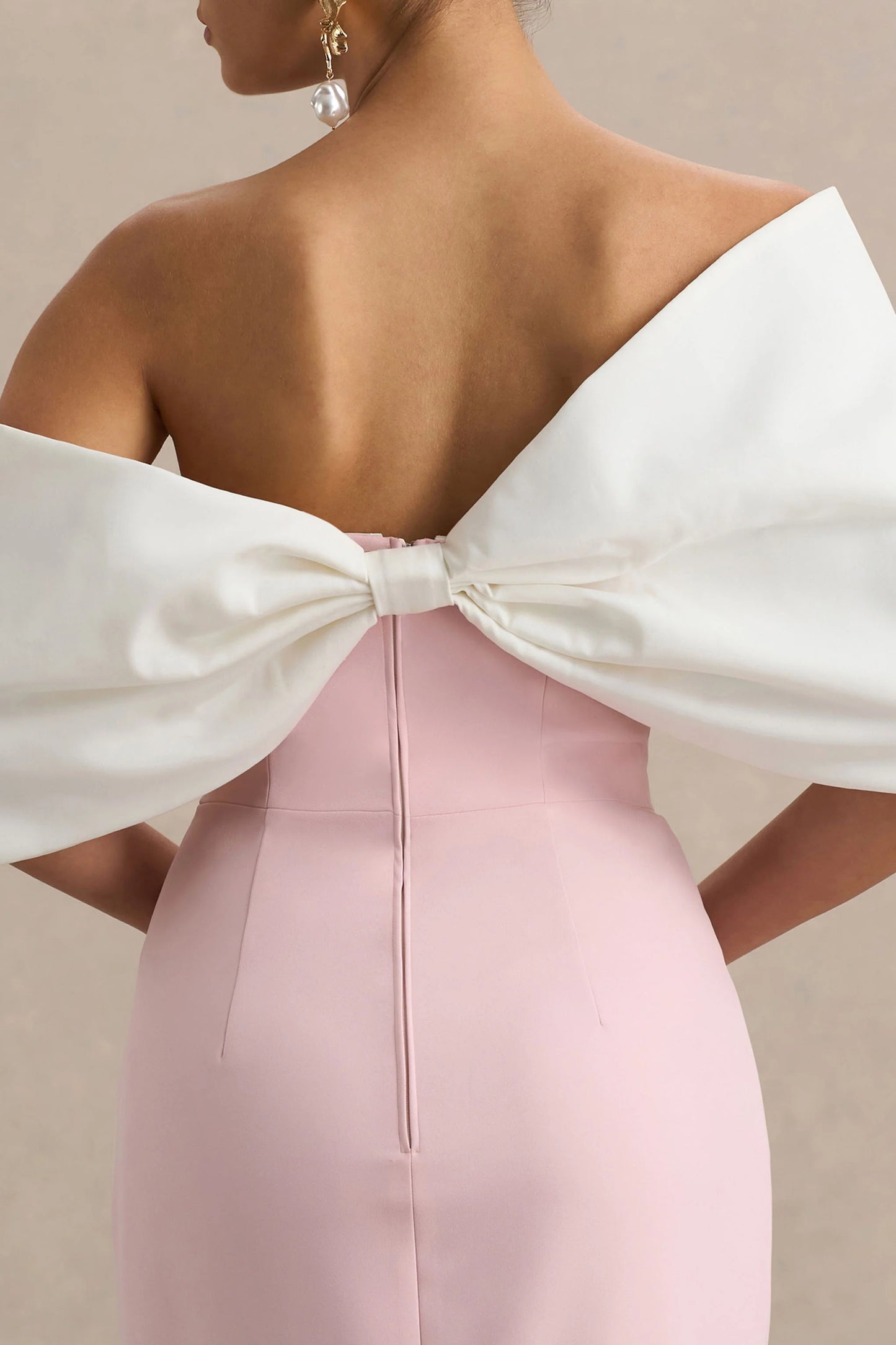 Lucille Rose & Pink Asymmetric Bardot Midi Dress With Bow Detail