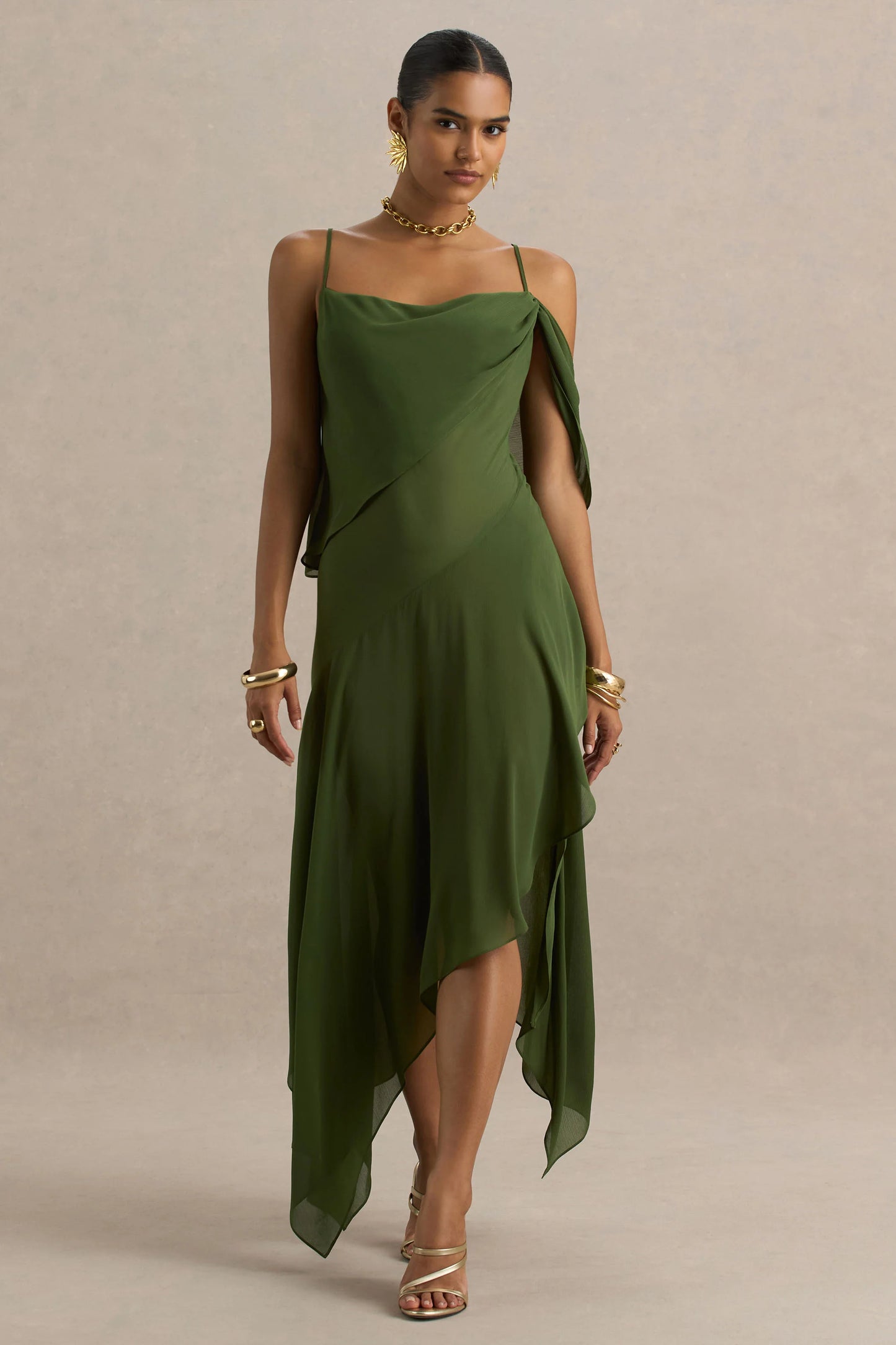 Tiara Green Asymmetric Midi Dress With Draping Detailing and Open-Back