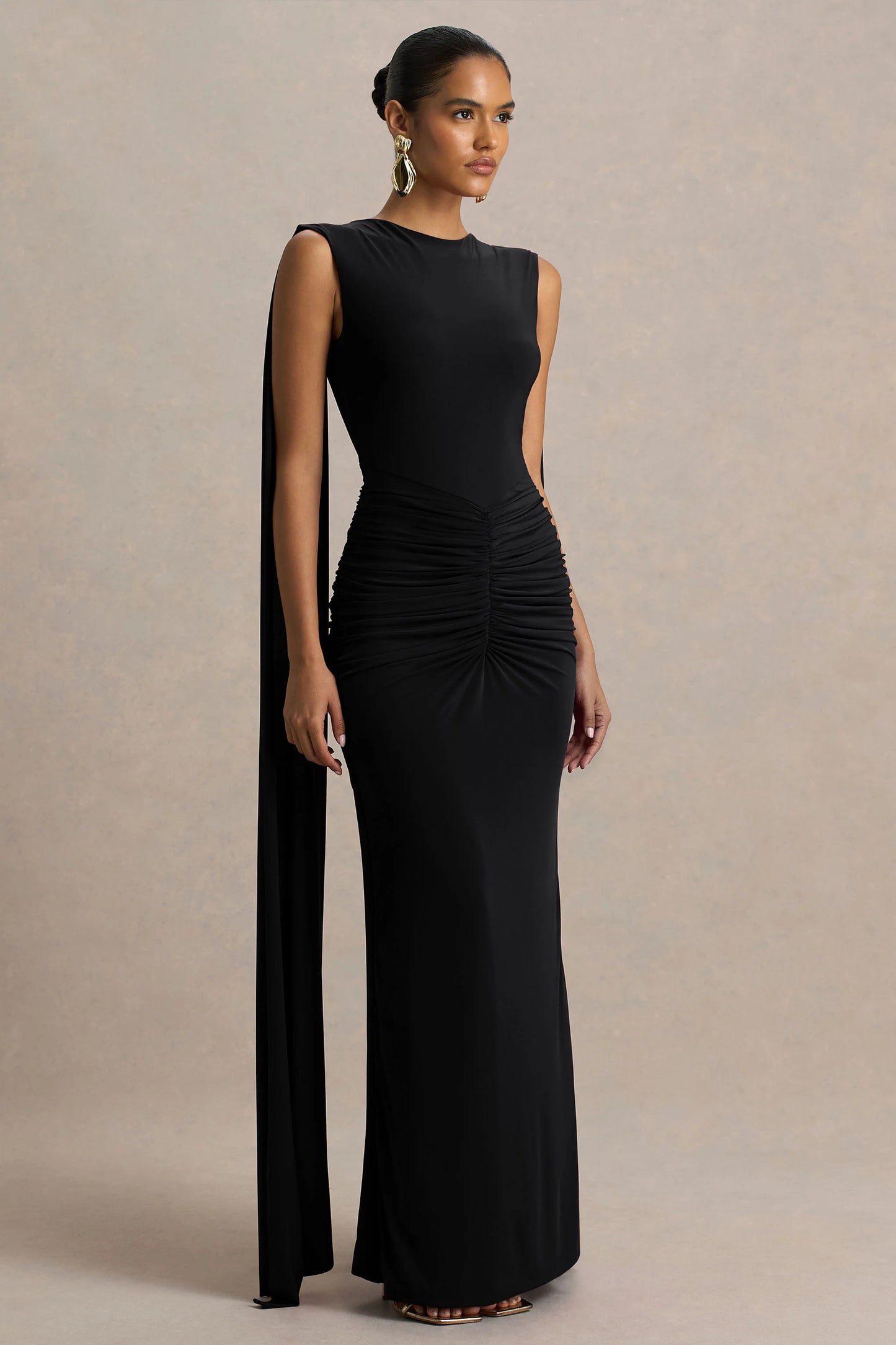 Premiere Black Boat-Neck Maxi Dress With Open-Back And Cape-Sleeves
