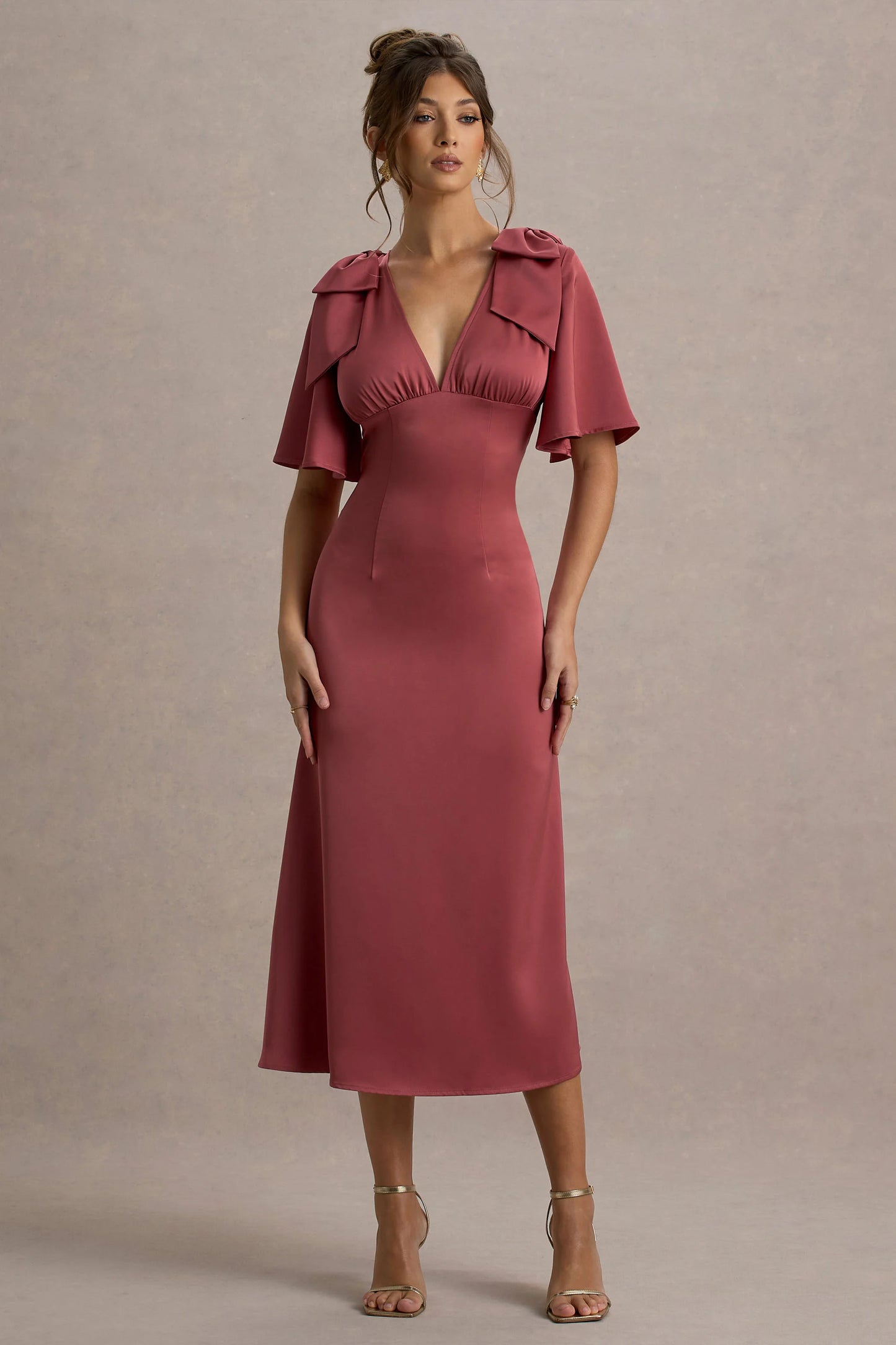 Danna Rose Pink Satin V-Neck Short-Sleeve Midi Dress