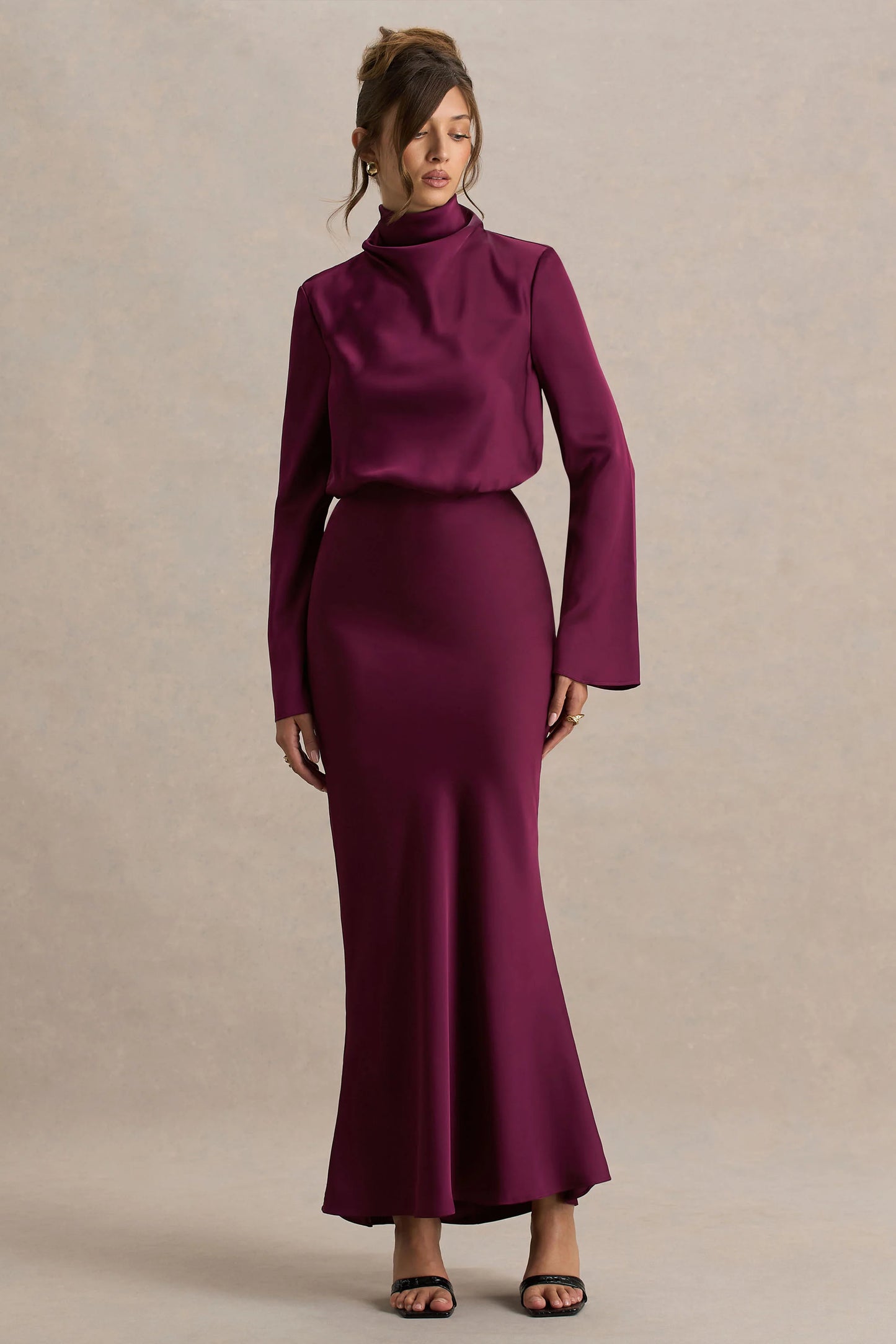 Celina Burgundy Satin High-Neck Maxi Dress