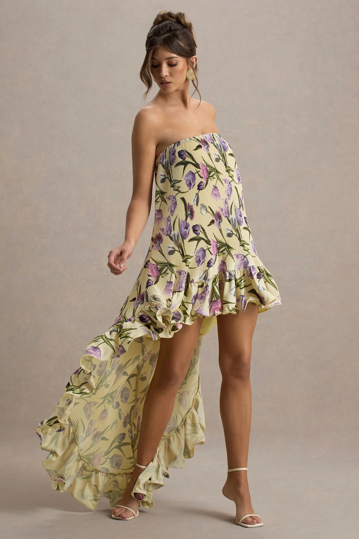 Whistler Tulip Floral Print Chiffon Bandeau High-Low Ruffled Maxi Dress