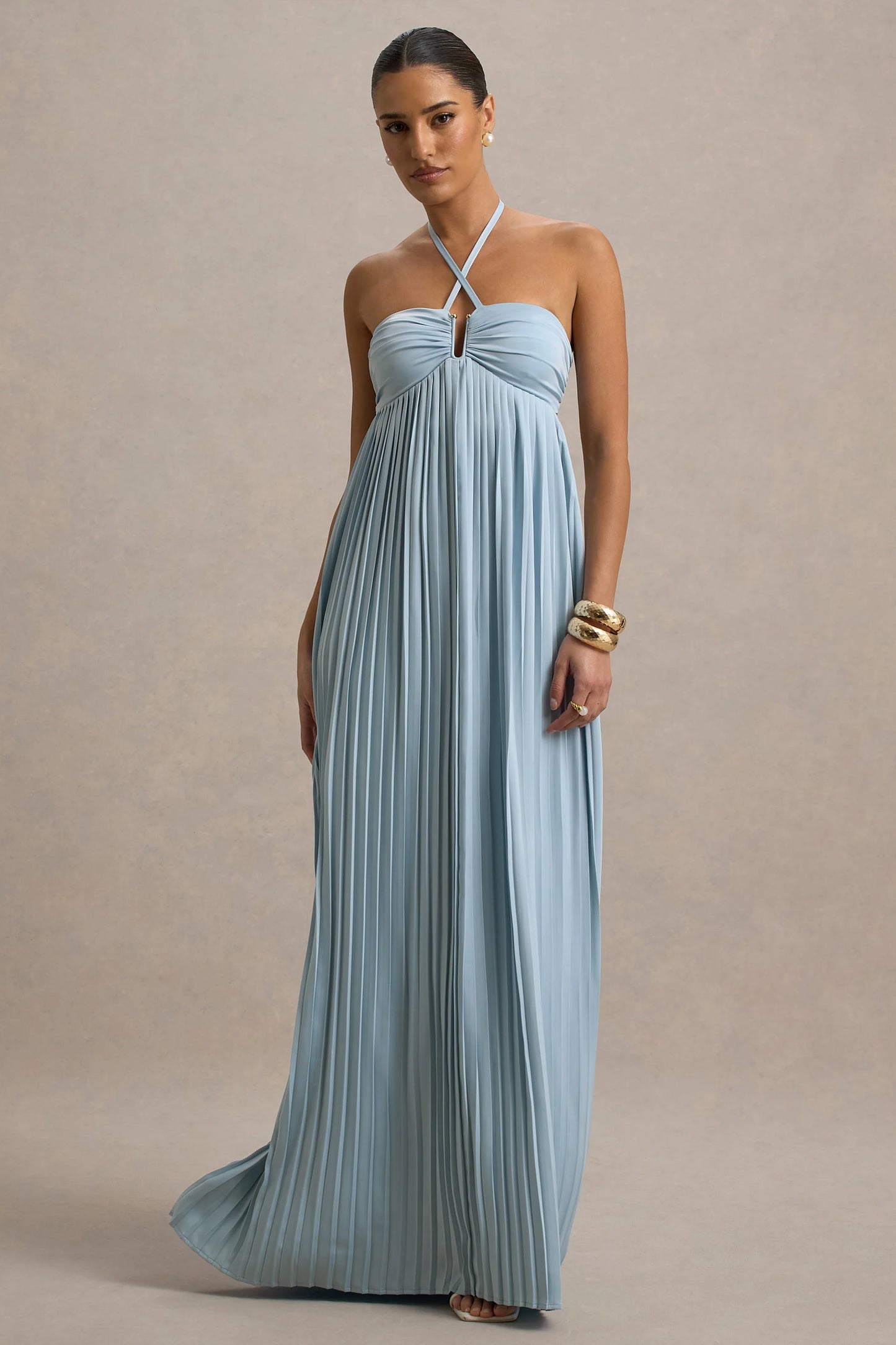 Elayne Powder Blue Halter-Neck Maxi Dress With Cut-Out Detail