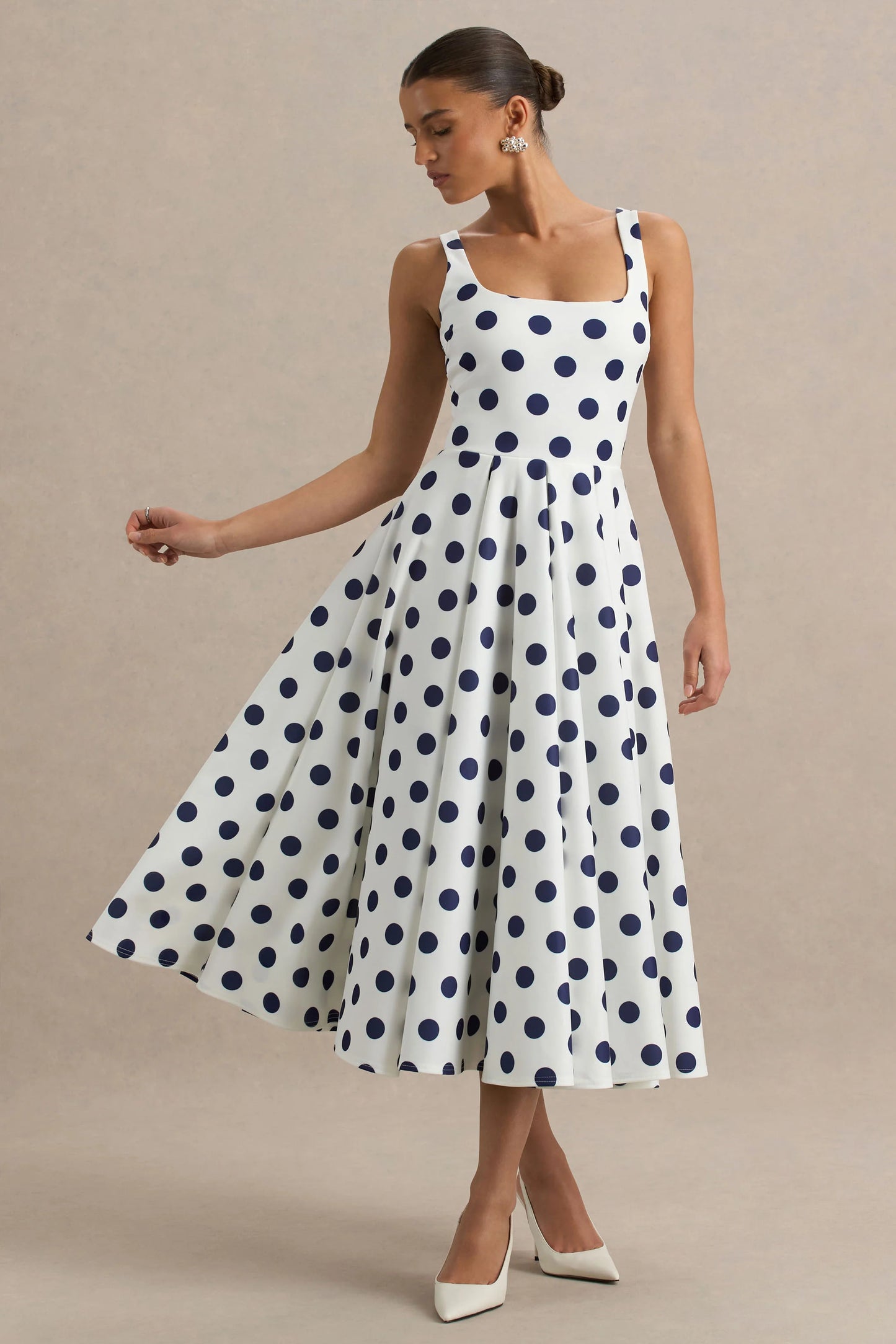 Berta White And Navy Polka-Dot Square-Neck Midi Dress