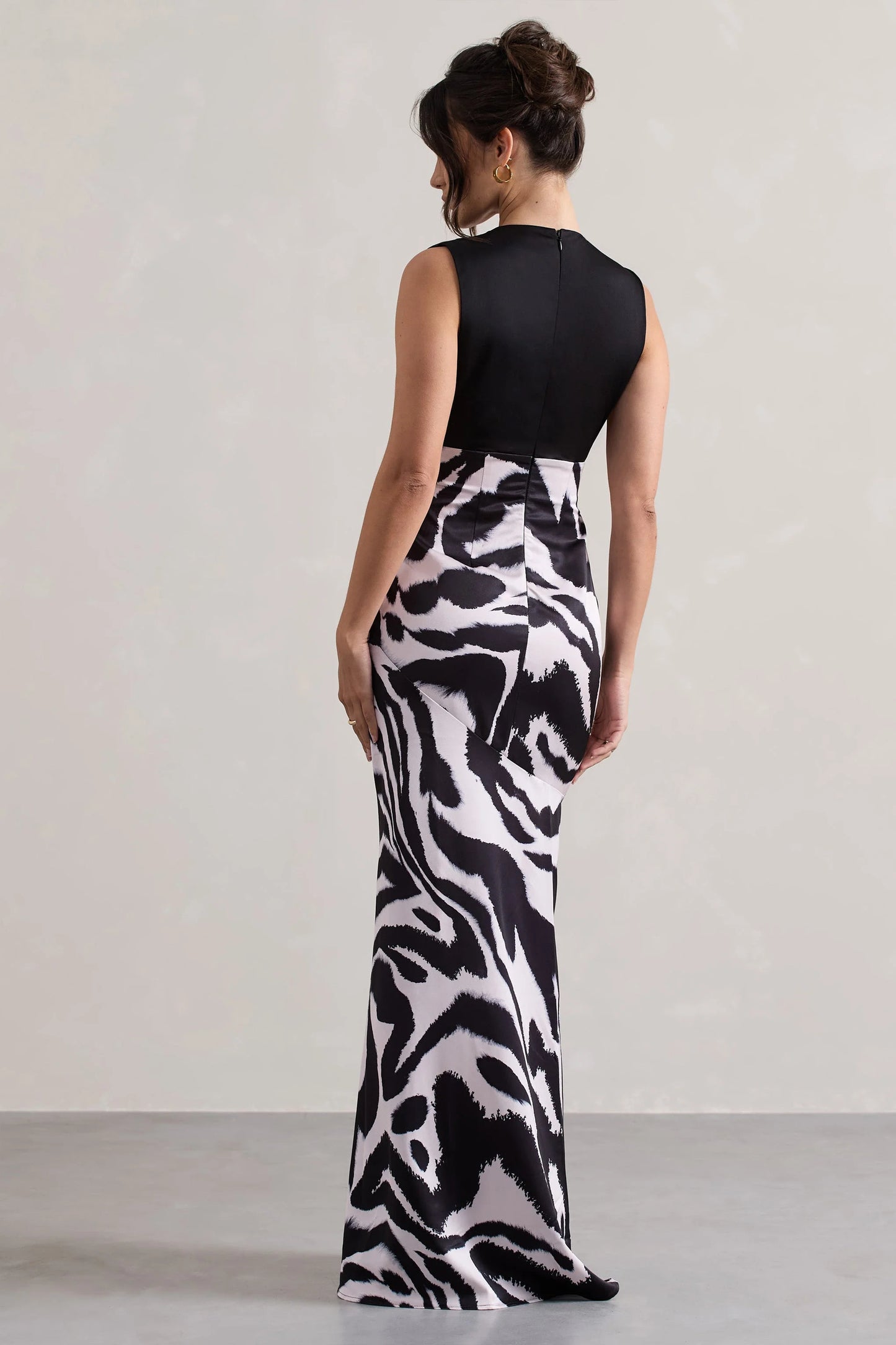 Azzara Zebra Print Satin Ruched V-Neck Maxi Dress