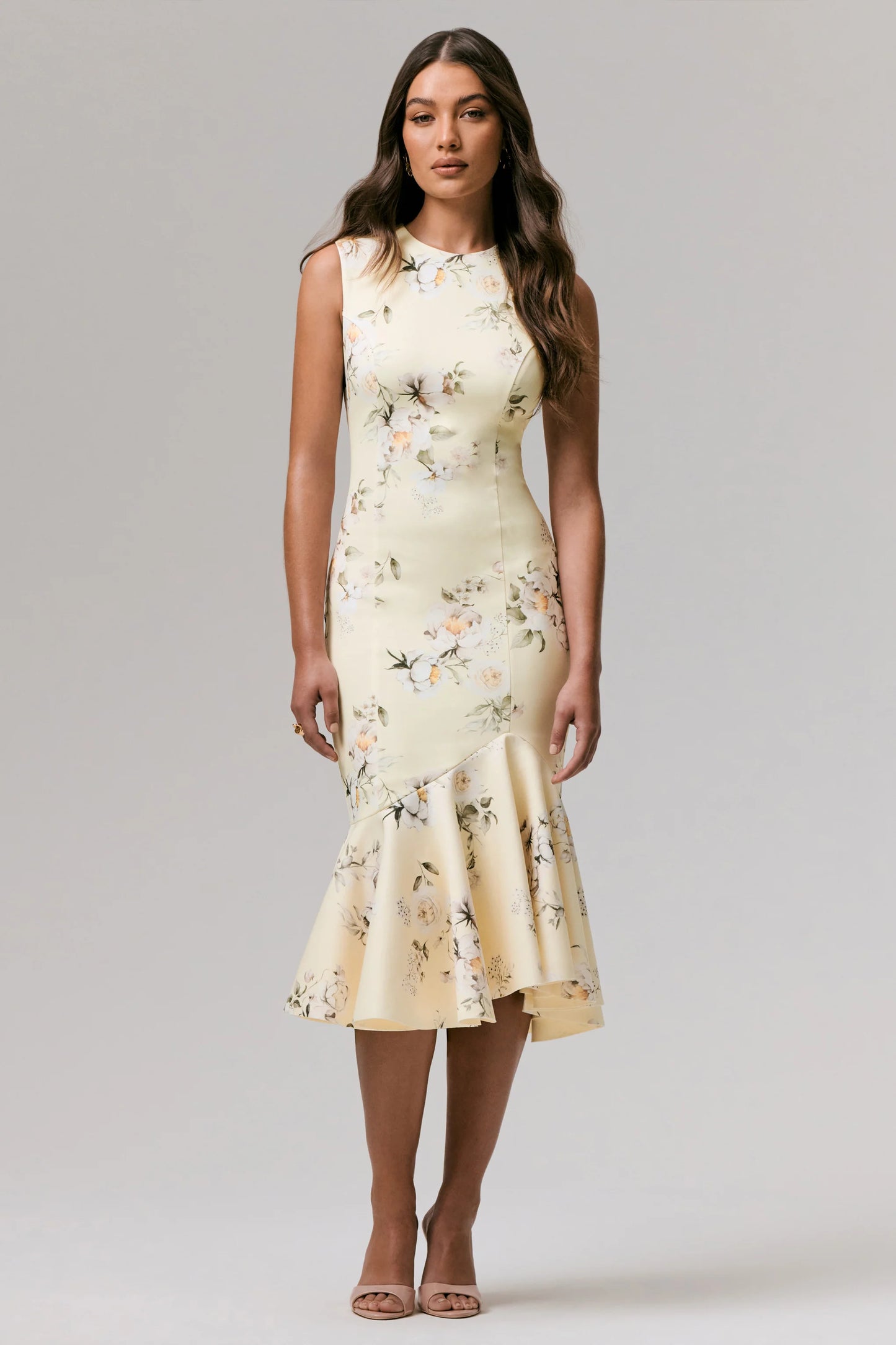 Priceless Lemon Print Crew-Neck Fishtail Midi Dress