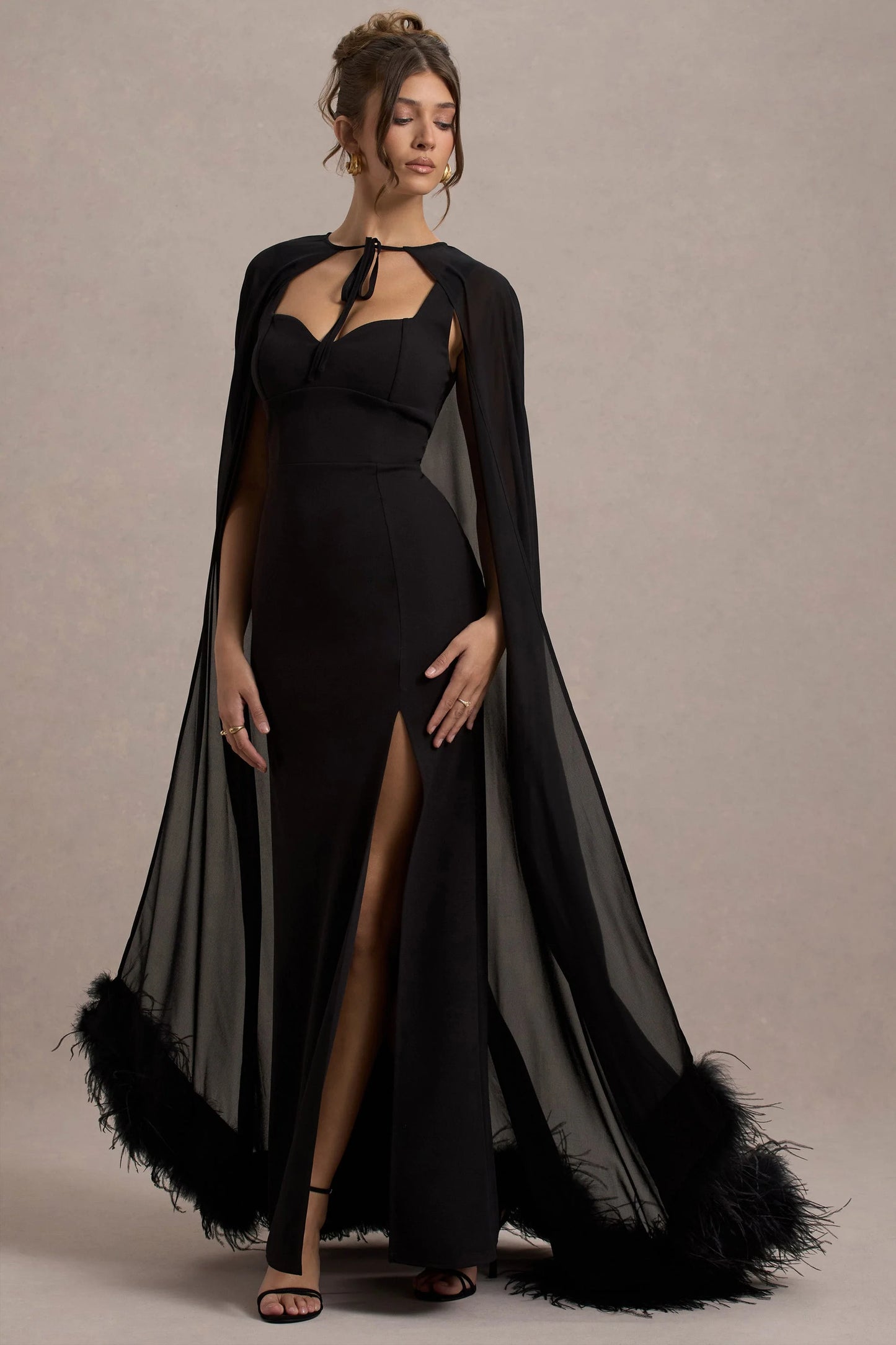 Veranna Black Chiffon Cape with Fur Trim