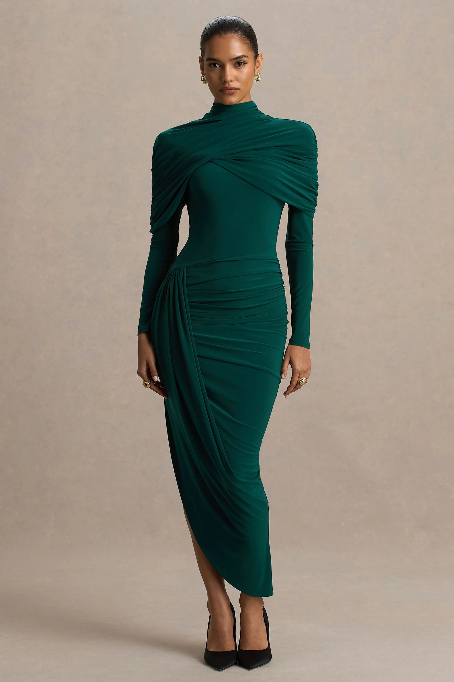Aneira Bottle Green High-Neck Maxi Dress With Cape Sleeves