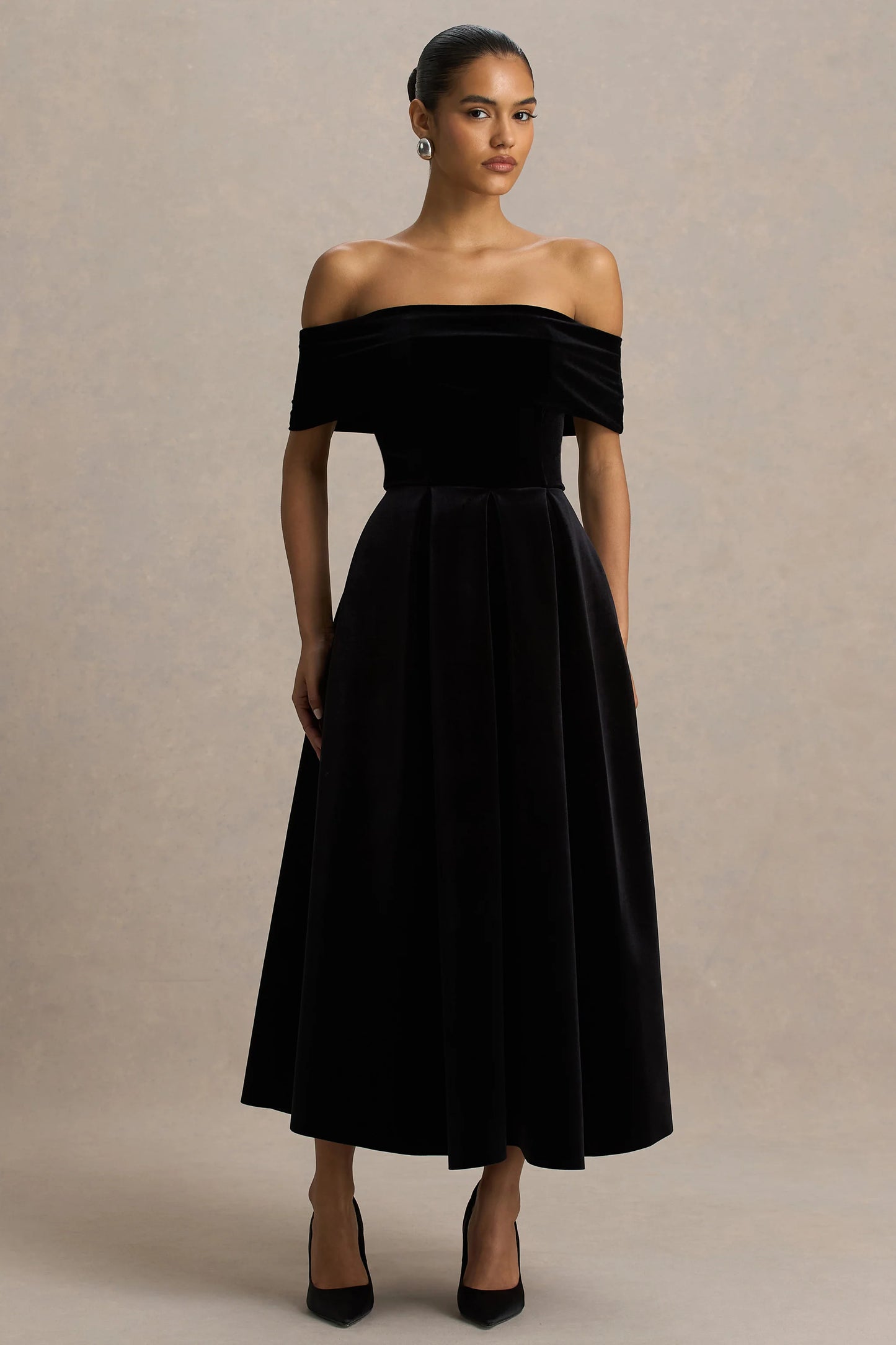 Ablaze Black Velvet Bardot-Neck Midi Dress