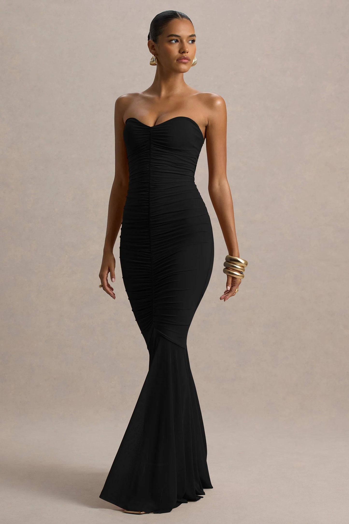 Talisa Black Bandeau Ruched Maxi Dress With Mesh Fishtail