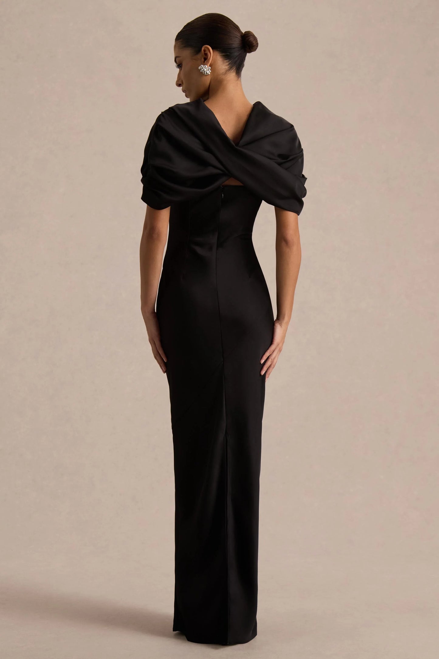 Yoli Black Satin Maxi Dress With Removable Twist-Cape