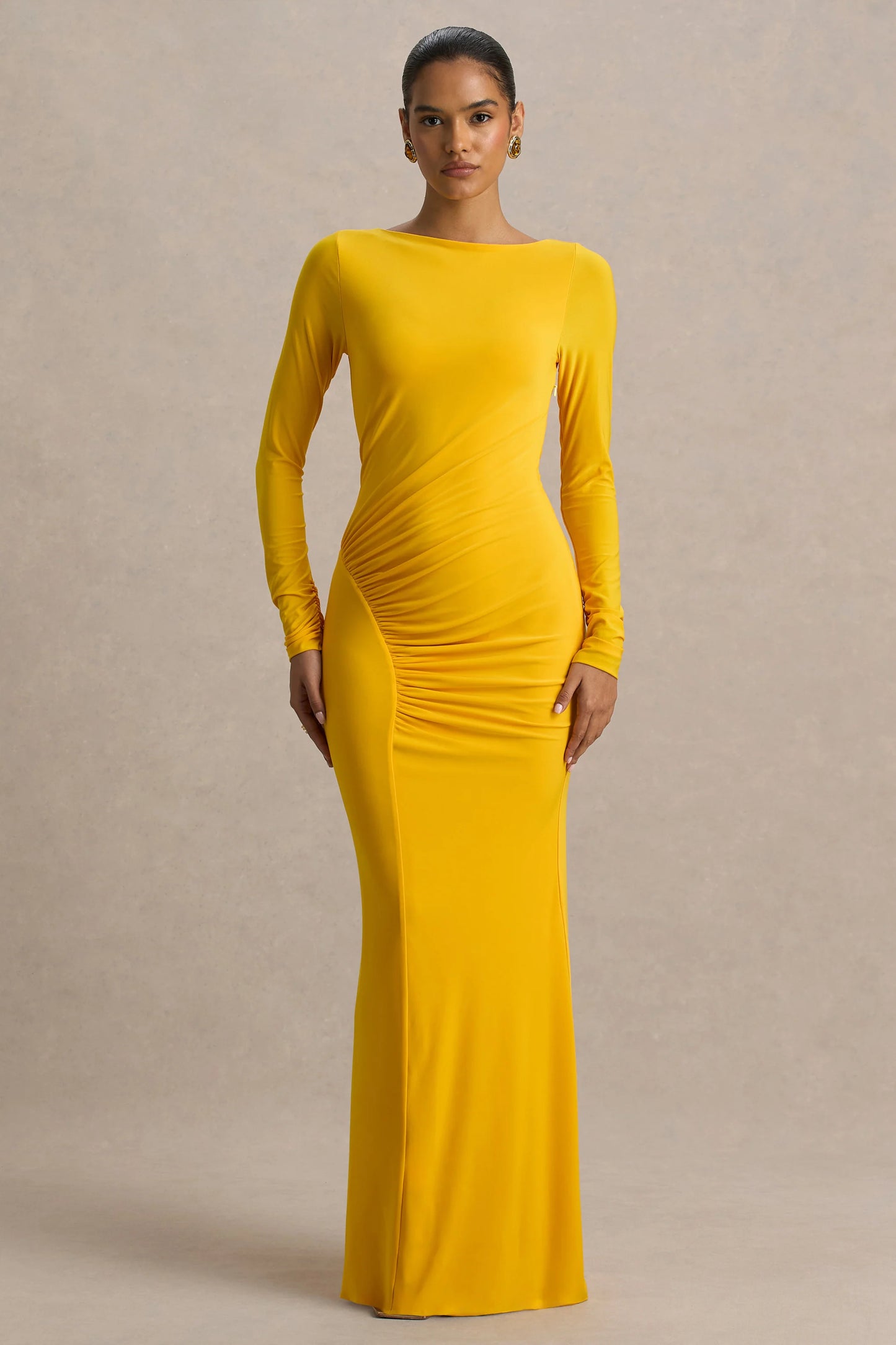Diva Yellow Slashed-Neck Maxi Dress With Ruched Detailing