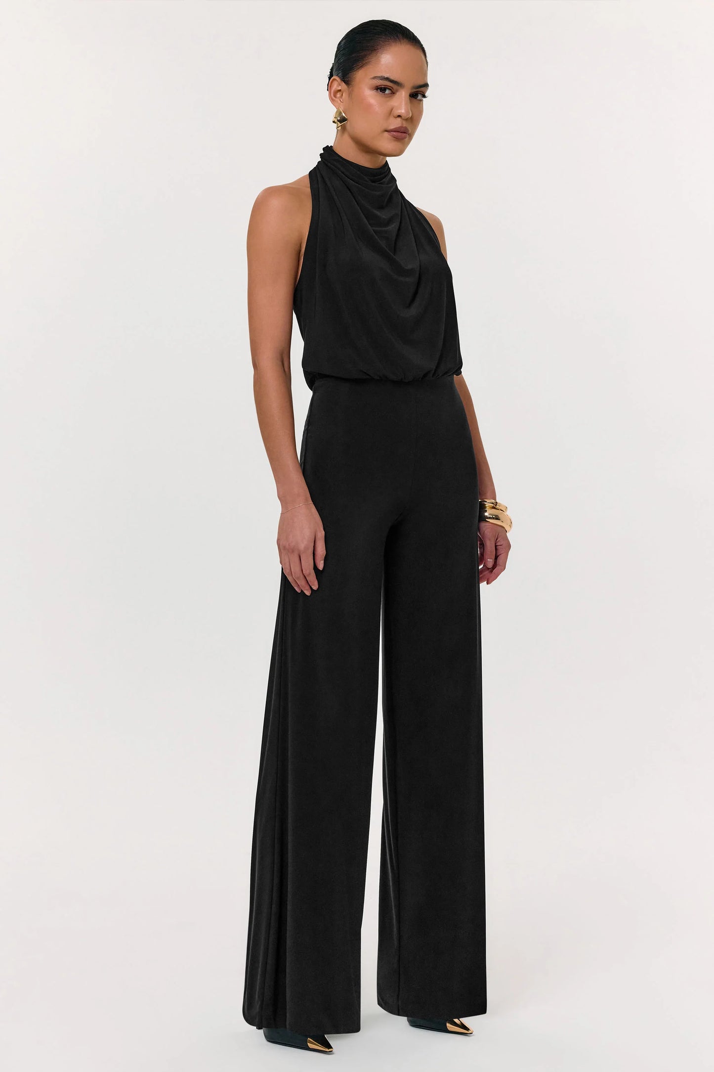 Asha Black High-Neck Jumpsuit With Ruched Detail