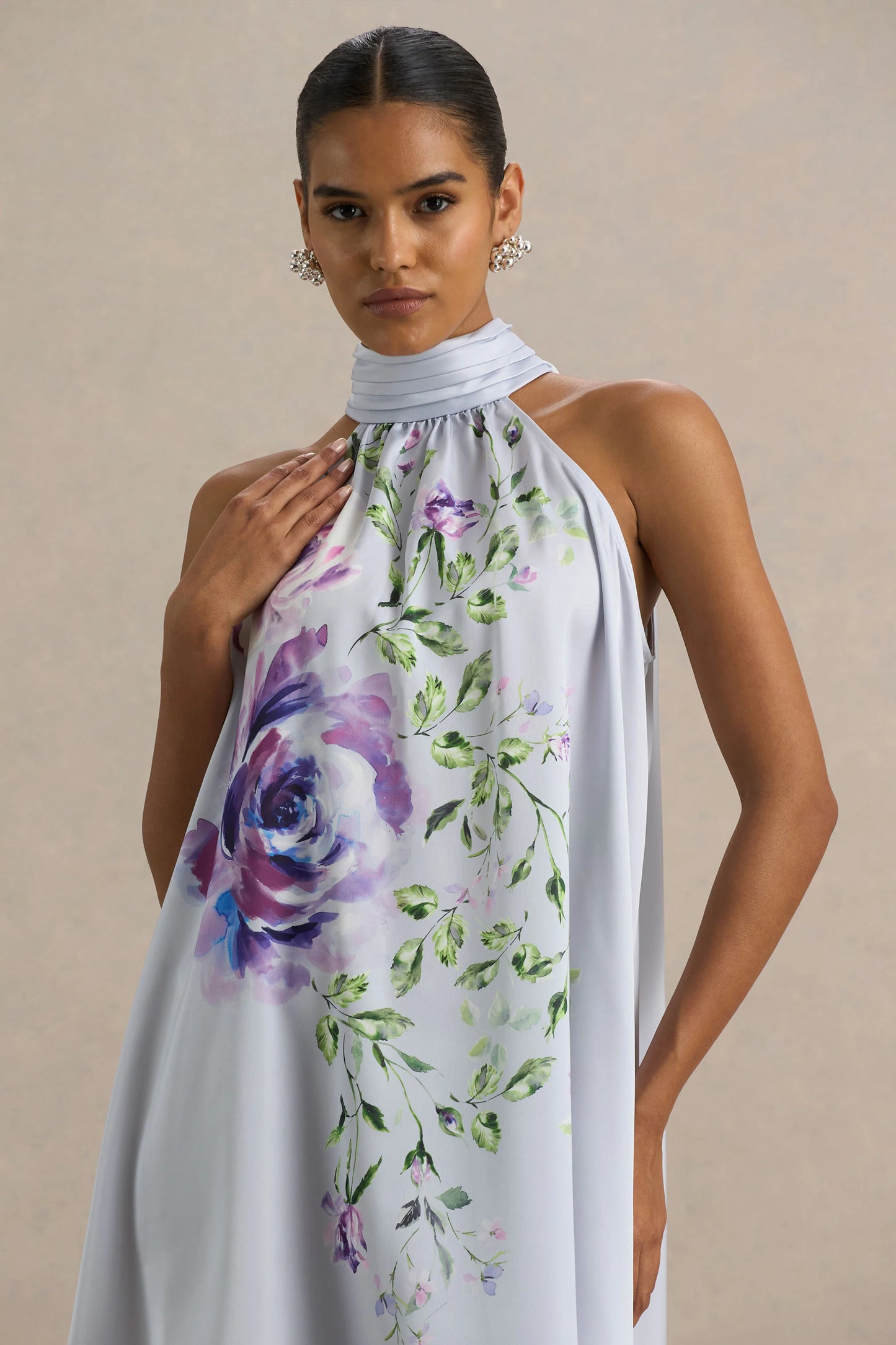 Evita Powder Blue Rose Print High-Neck A-Line Mini Dress With Bow