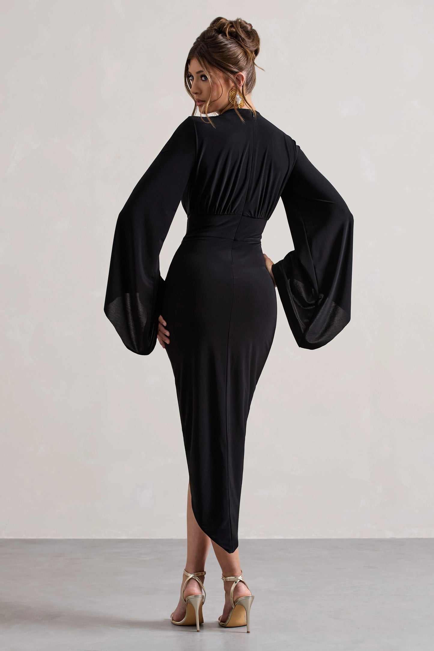 Lennox Black Drape-Sleeve Gathered Midi Dress