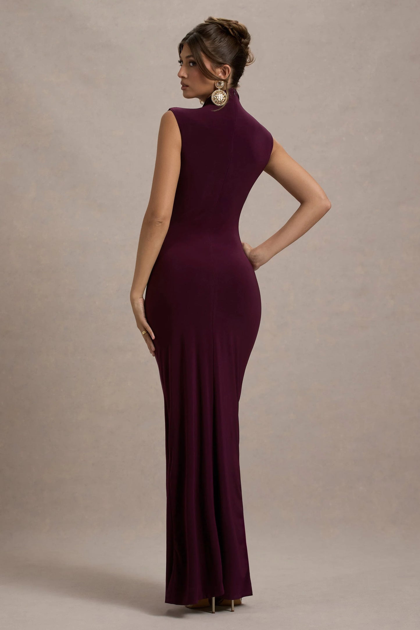 Lanetta Plum Ruched High-Neck Maxi Dress With Split