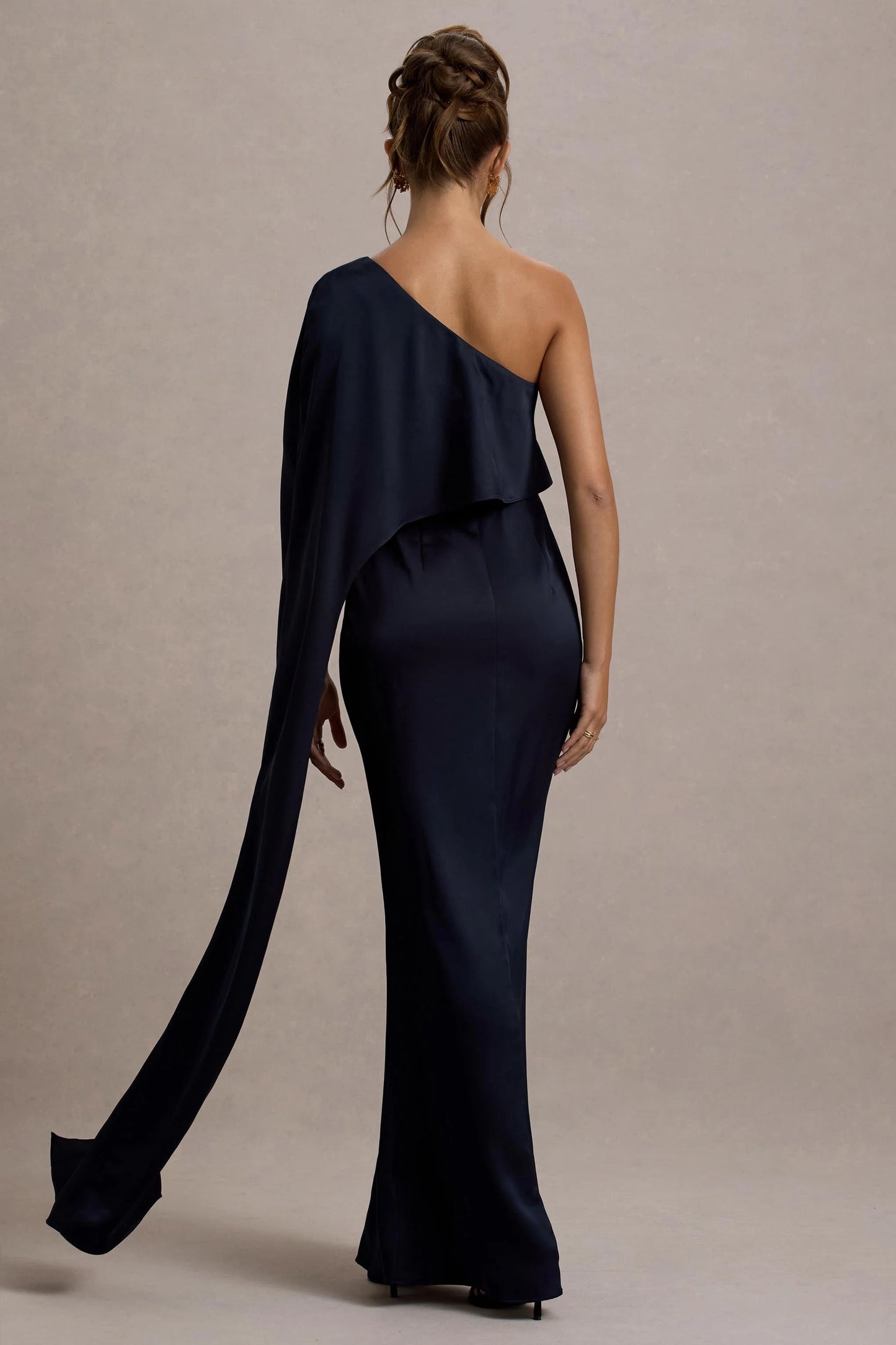 Amora Navy Satin Asymmetric Cape-Sleeve Split Maxi Dress