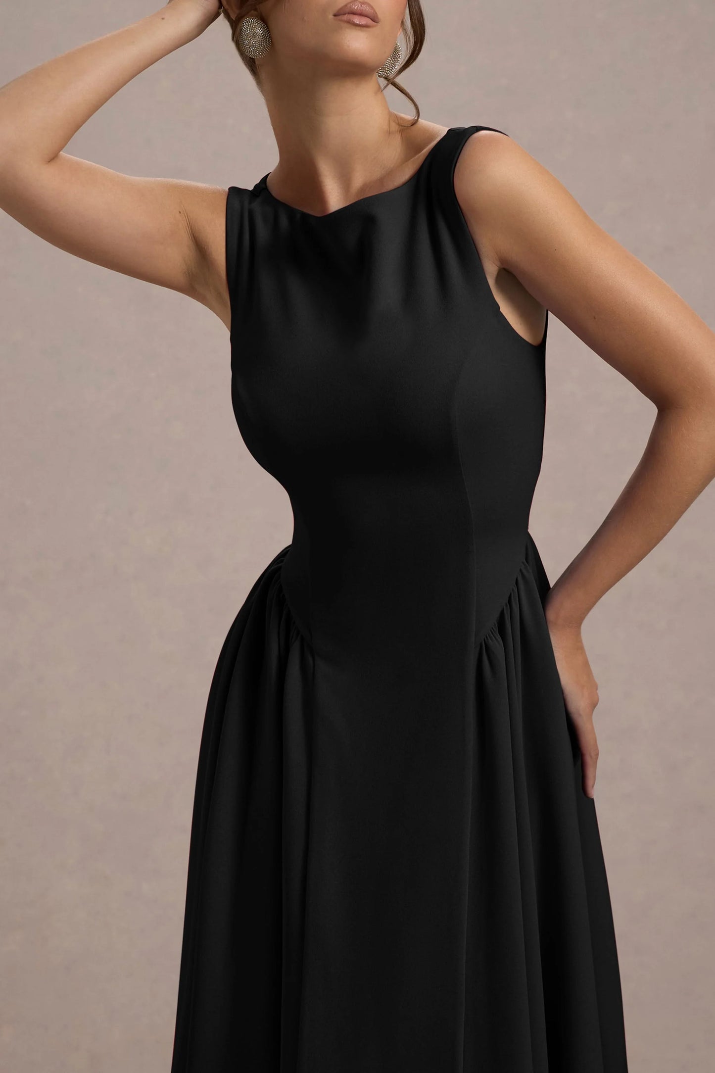 Muriel Black Boat-Neck Volume-Hem Midi Dress