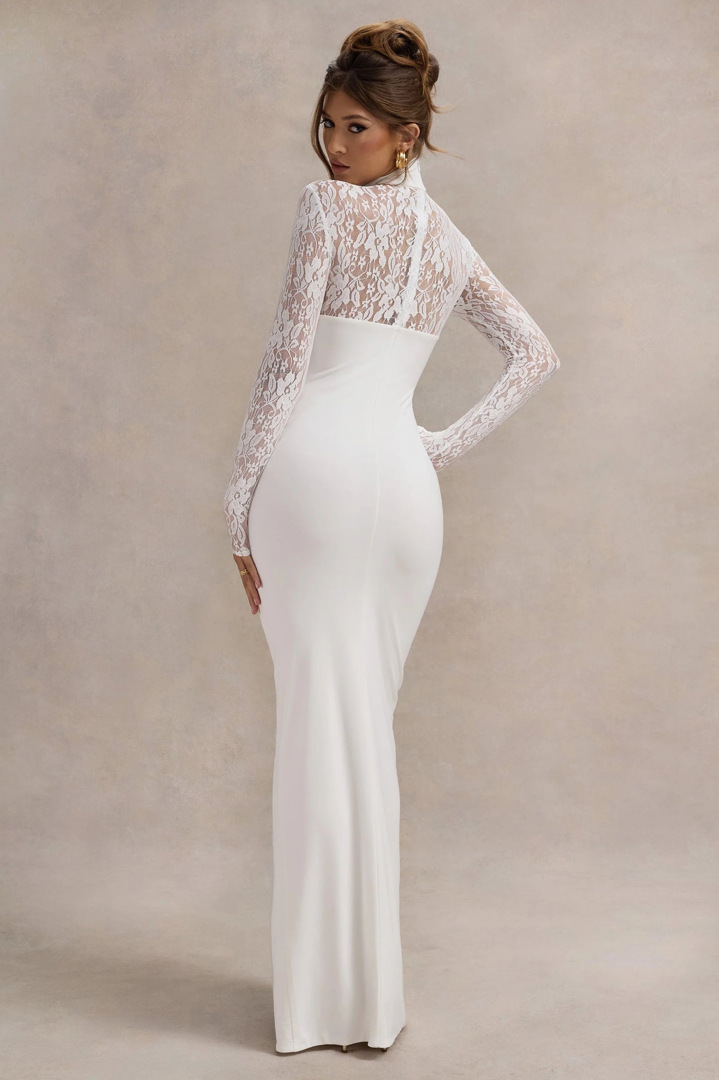 Arden White High-Neck Split Maxi Dress With Lace Sleeves