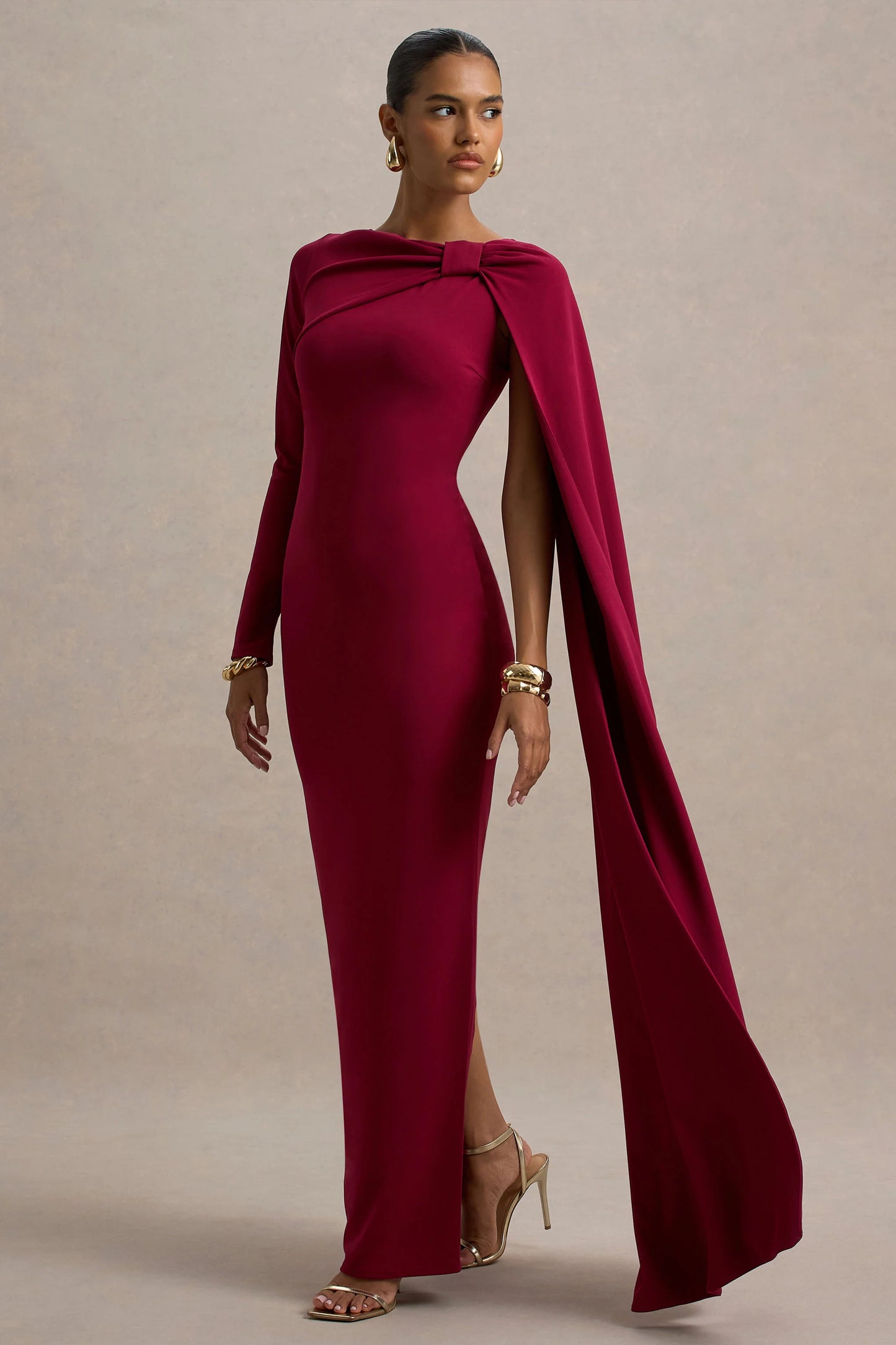 Frances Burgundy High-Neck Maxi Dress With Cape Detail