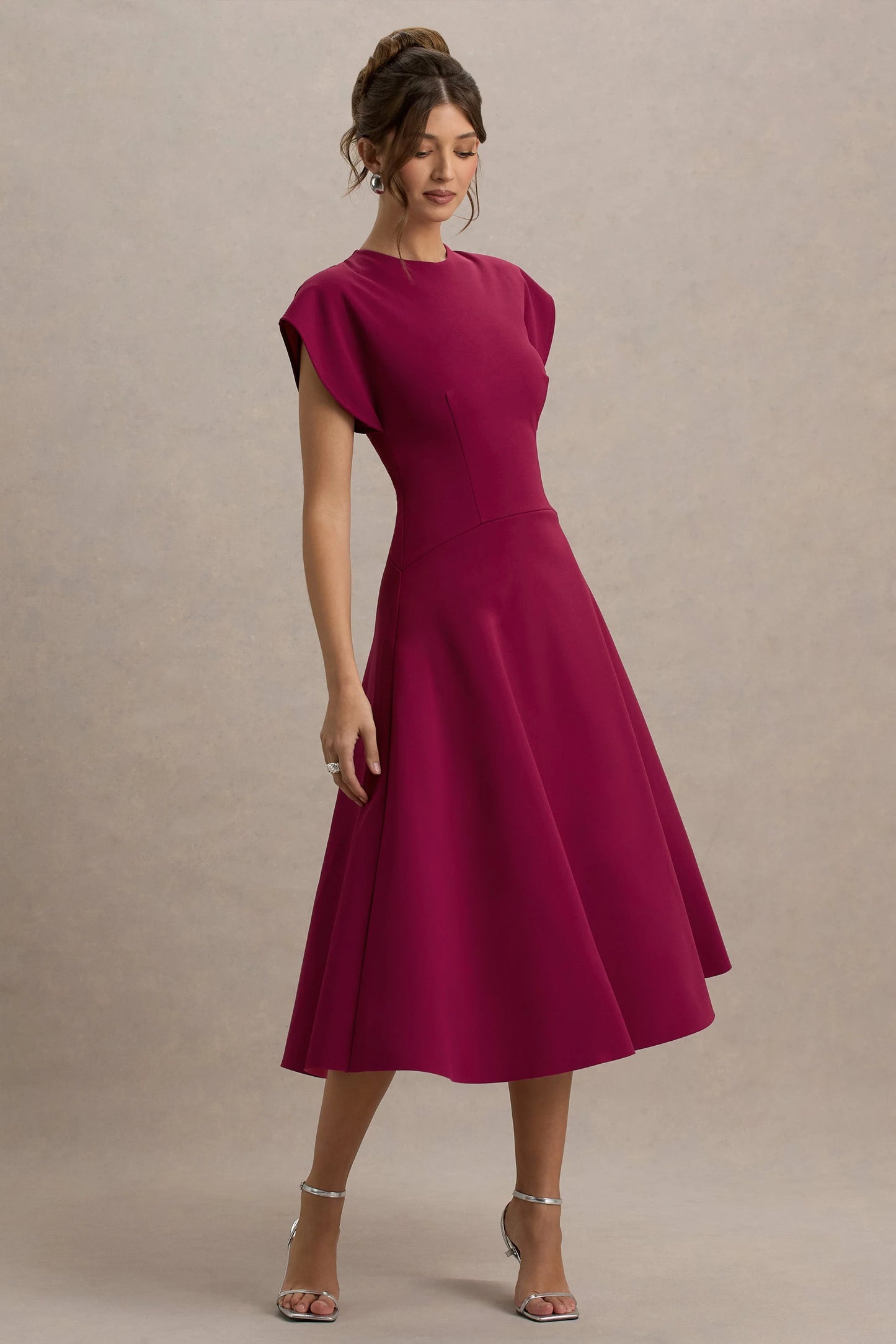 Linda Dark Cherry Crew-Neck Cap-Sleeve Midi Dress