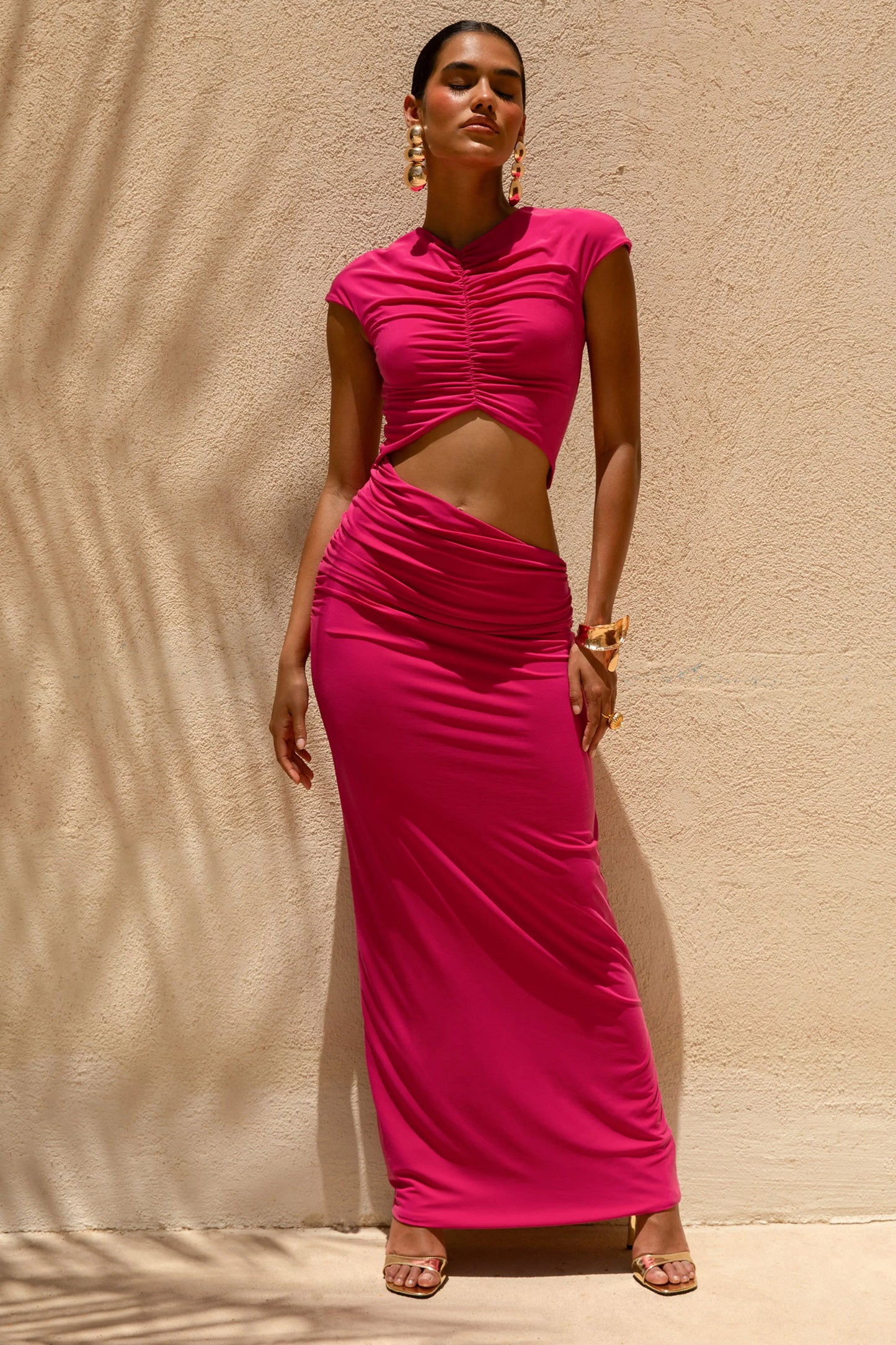 Pia Hot Pink Short-Sleeve Maxi Dress With Cut-Out