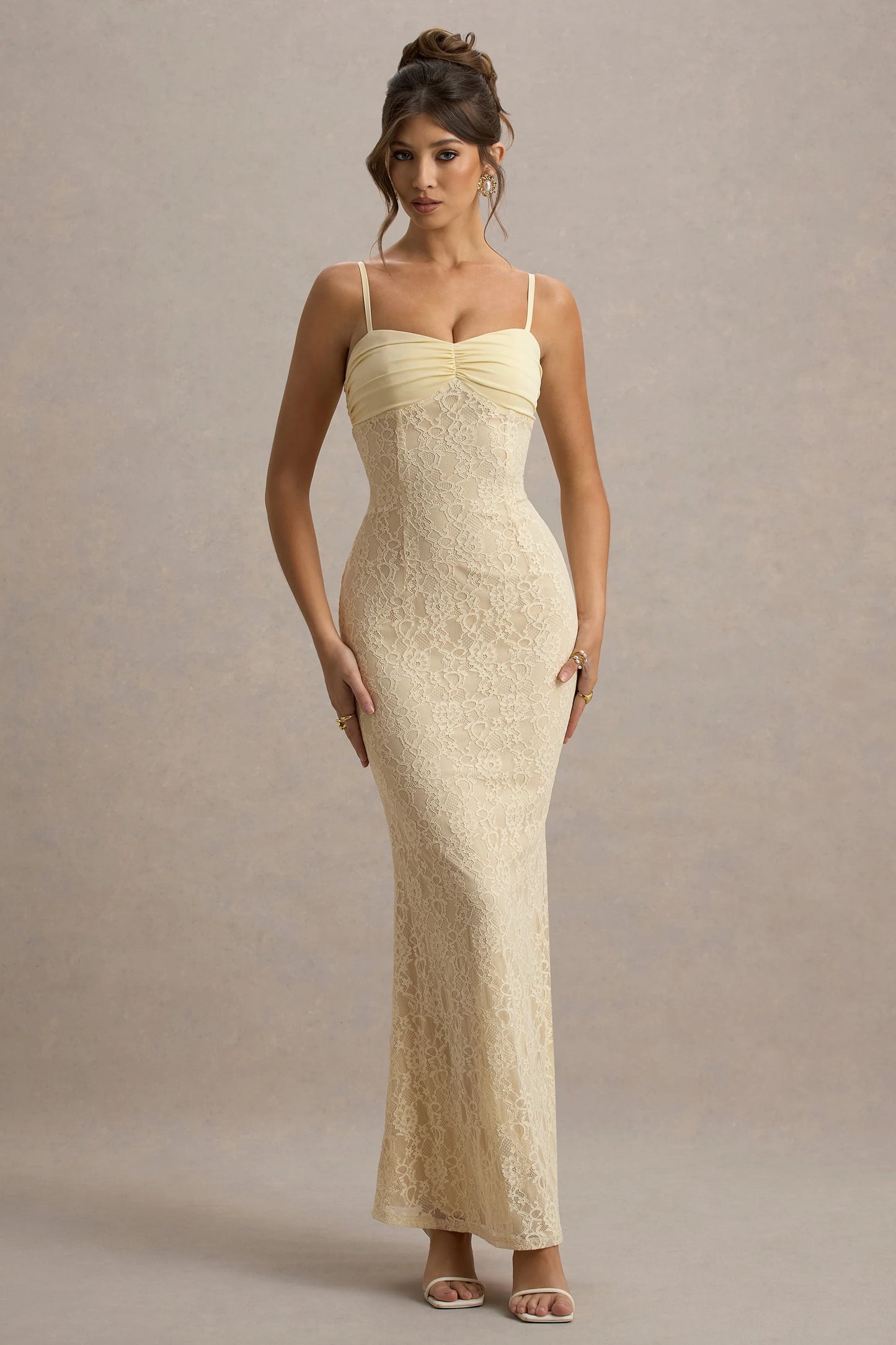Felicia Pale Lemon Satin Sweetheart Maxi Dress With Lace Details